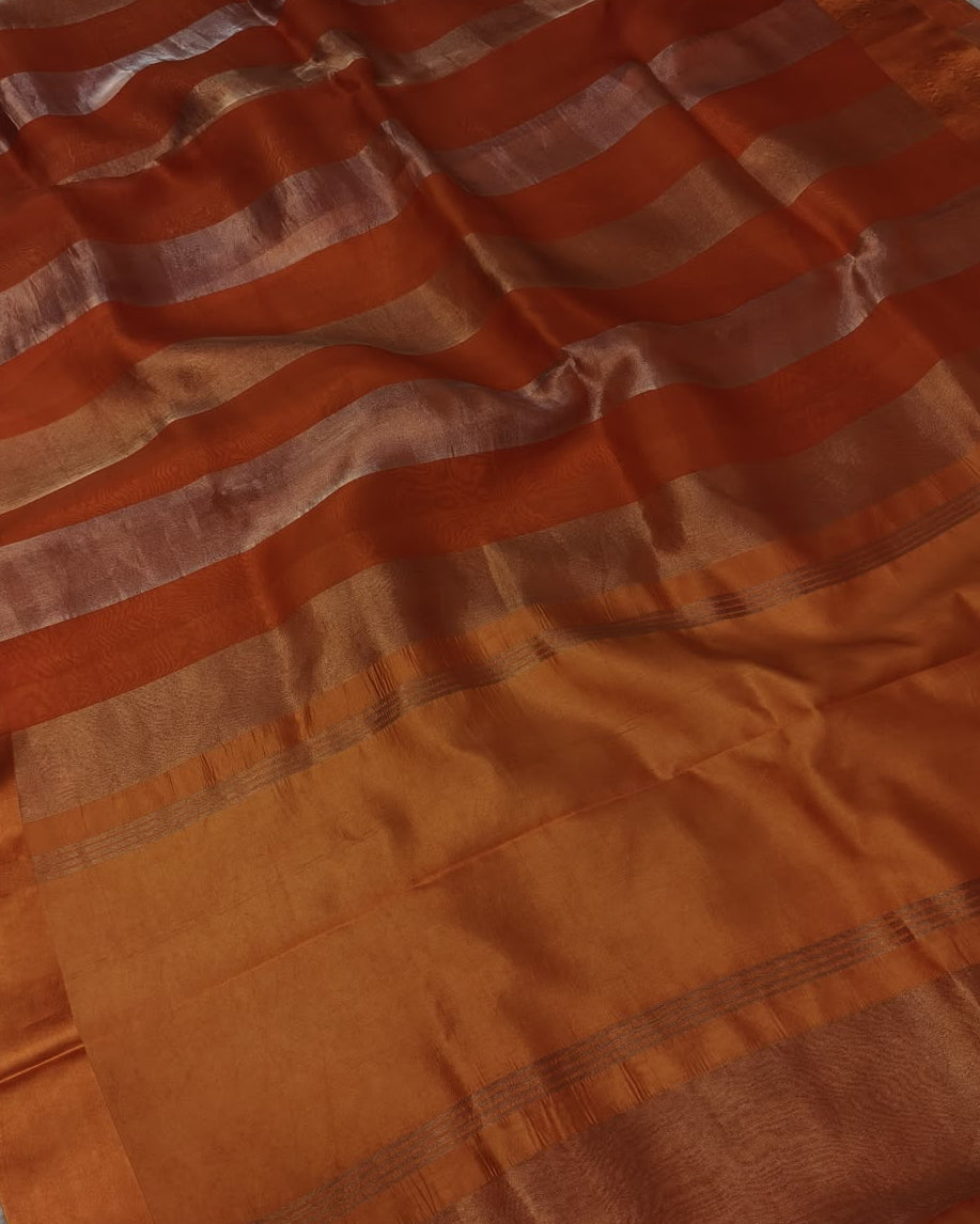 Pure Katan Tissue Silk Saree with Golden Stripe - Brick Red & Antique Gold fabric detail