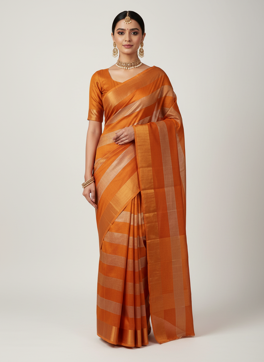 Pure Katan Tissue Silk Saree with Golden Stripe - Brick Red & Antique Gold front view