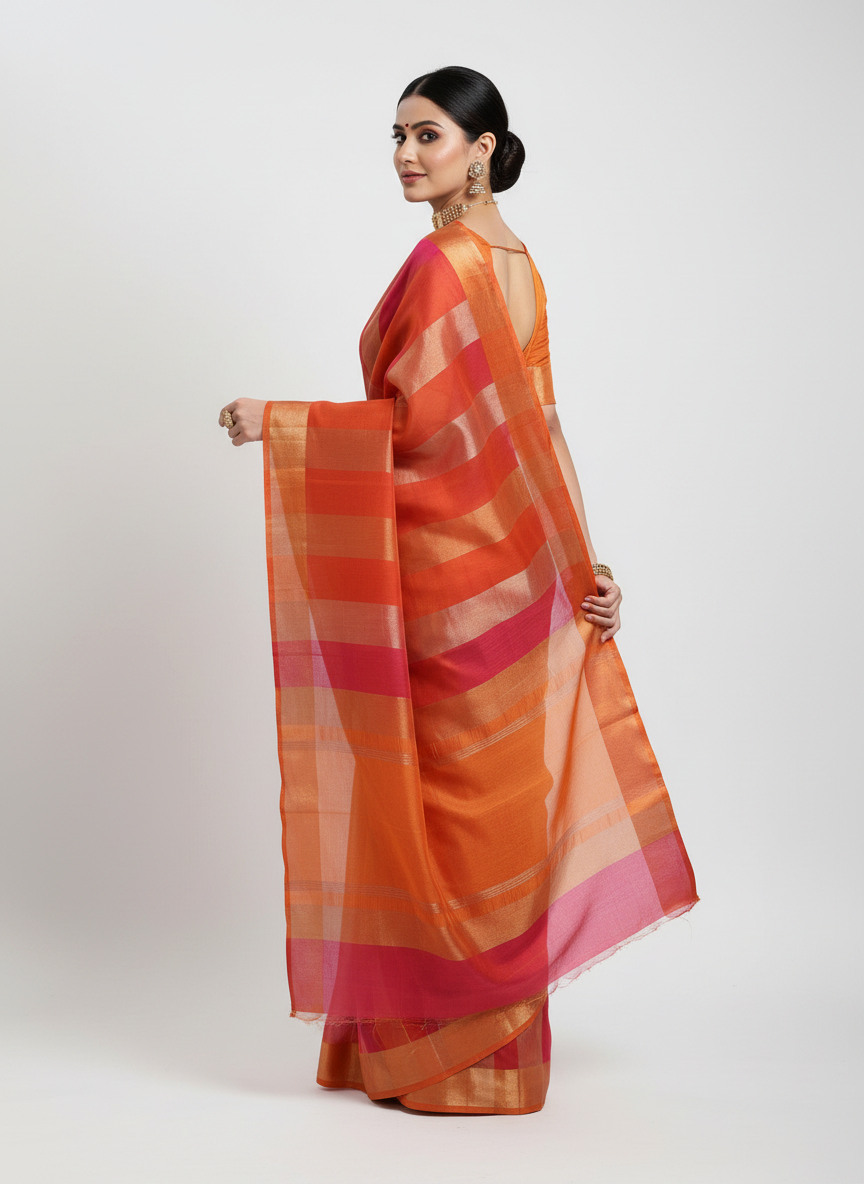 Pure Katan Tissue Silk Saree with Golden Stripe - Brick Red & Antique Gold pallu view