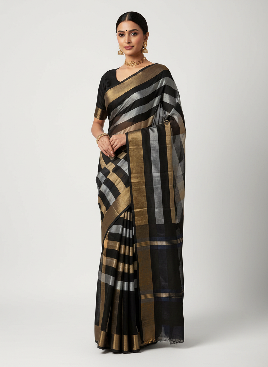 Pure Katan Tissue Silk Saree with Golden Stripe - Charcoal Grey & Gold front view