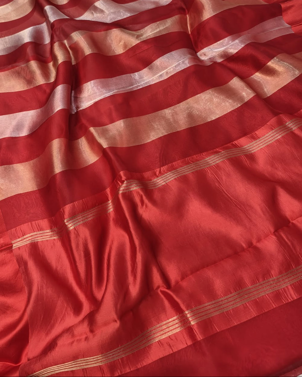 Pure Katan Tissue Silk Saree with Golden Stripe - Crimson Red & Gold fabric detail