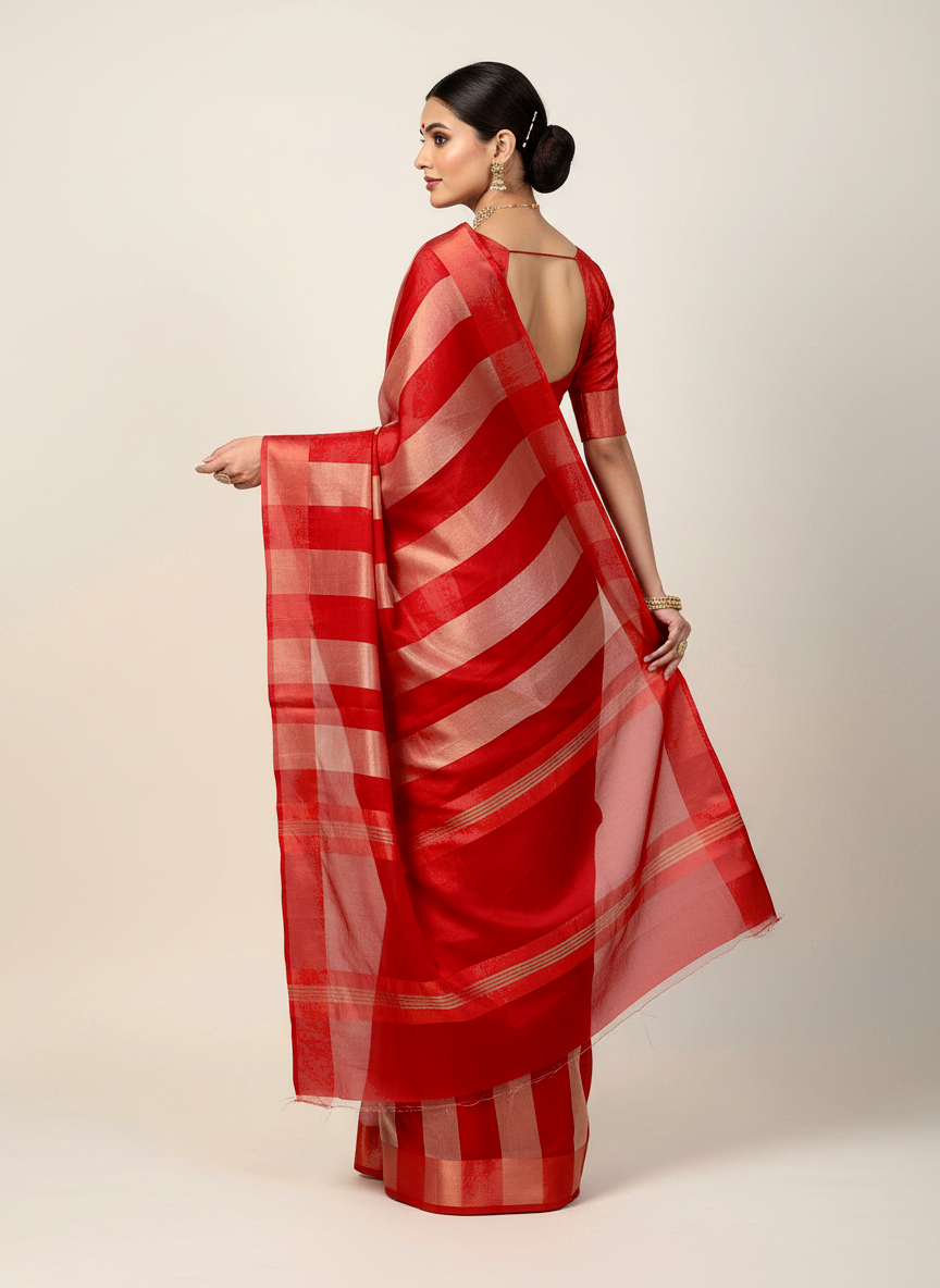 Pure Katan Tissue Silk Saree with Golden Stripe - Crimson Red & Gold pallu view