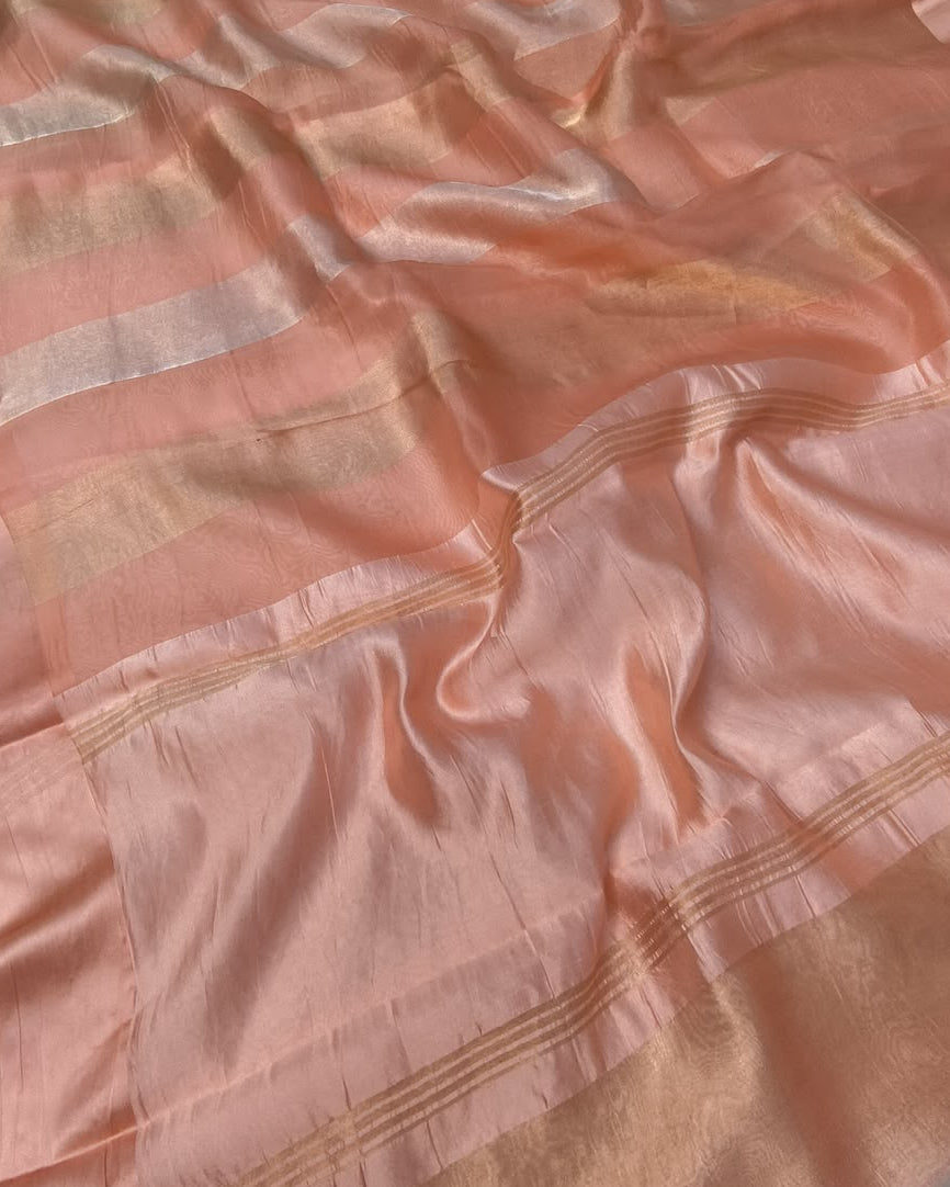 Pure Katan Tissue Silk Saree with Golden Stripe - Deep Red & Gold fabric detail
