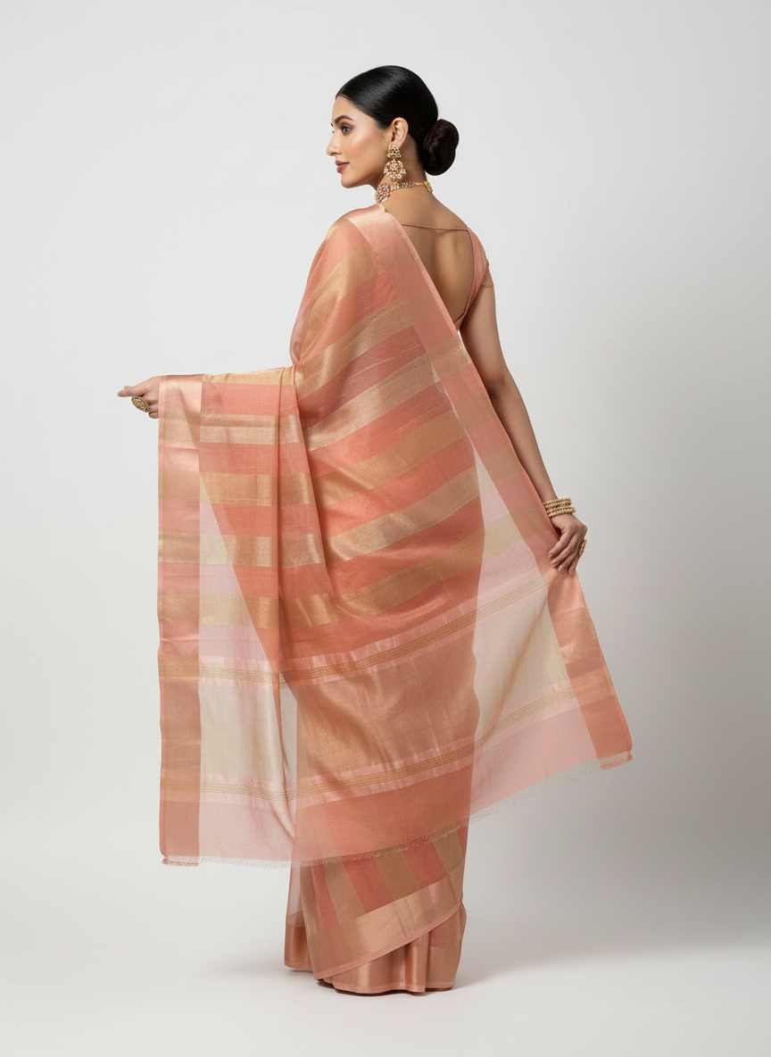 Pure Katan Tissue Silk Saree with Golden Stripe - Deep Red & Gold pallu view