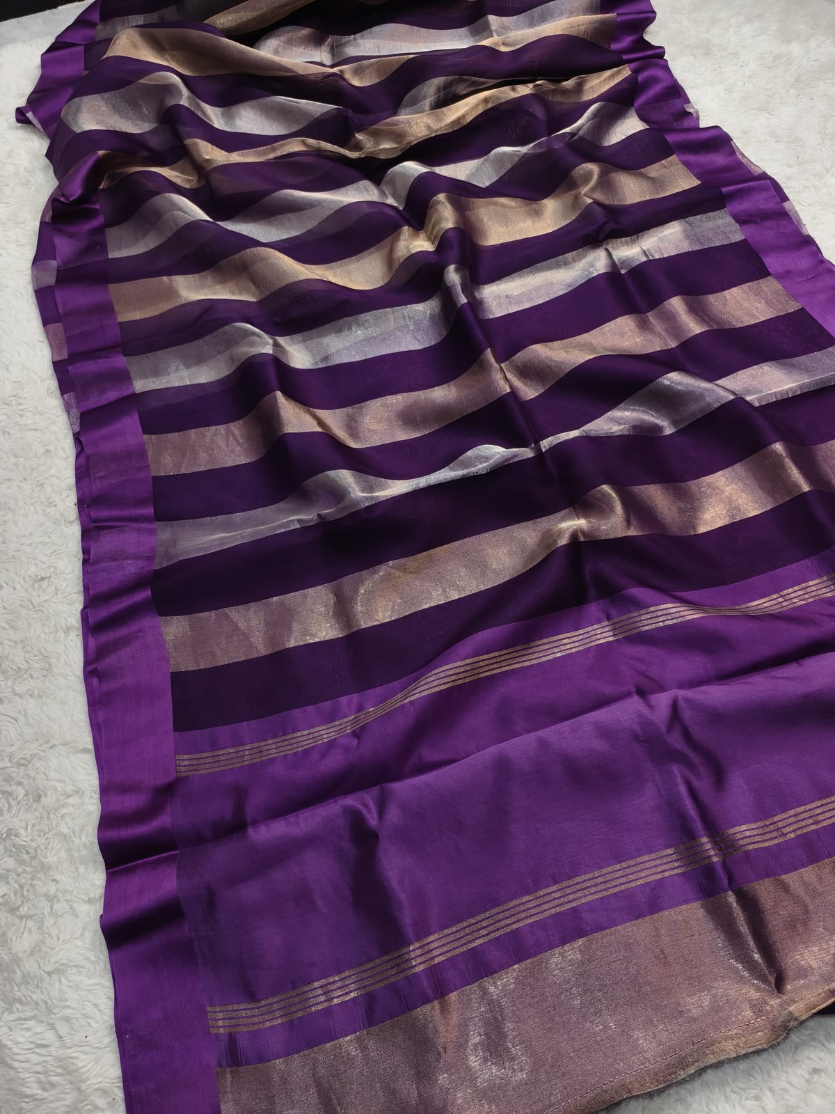 Pure Katan Tissue Silk Saree with Golden Stripe - Plum Purple & Gold fabric detail