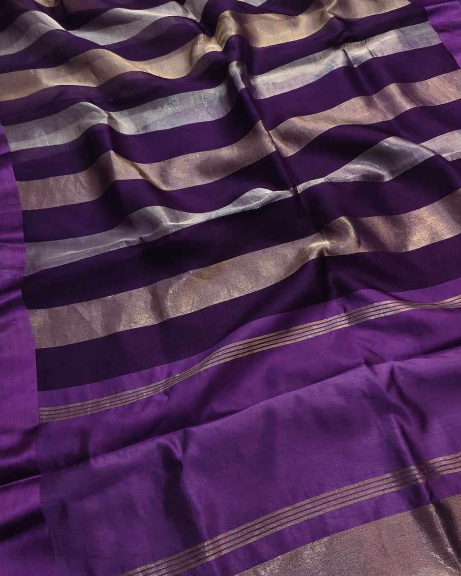 Pure Katan Tissue Silk Saree with Golden Stripe - Plum Purple & Gold fabric detail