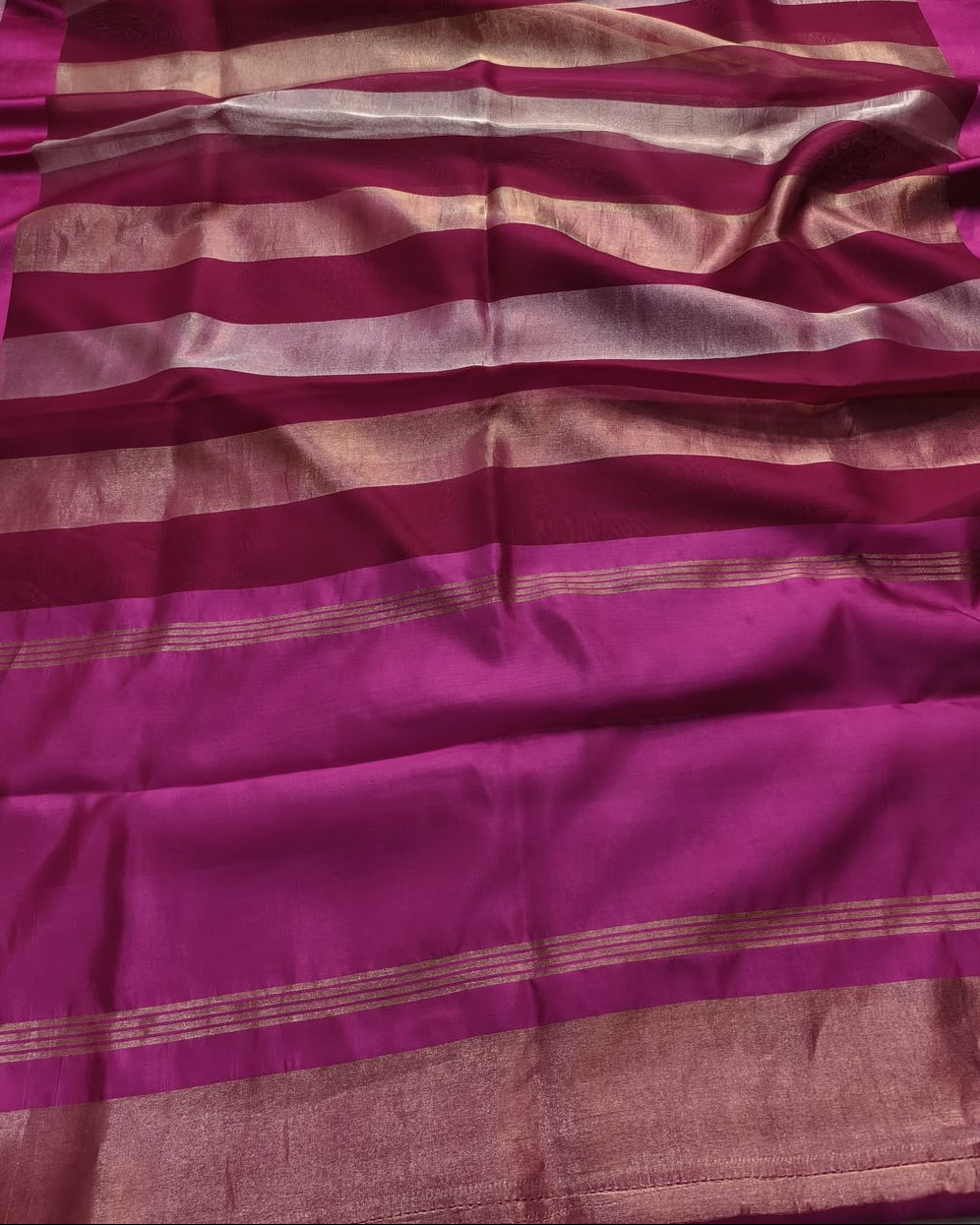 Pure Katan Tissue Silk Saree with Golden Stripe - Rose Pink & Gold fabric detail