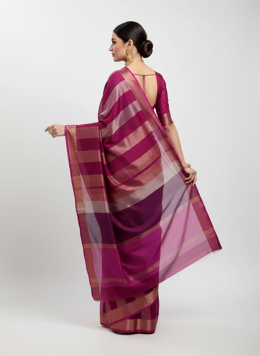 Pure Katan Tissue Silk Saree with Golden Stripe - Rose Pink & Gold pallu view
