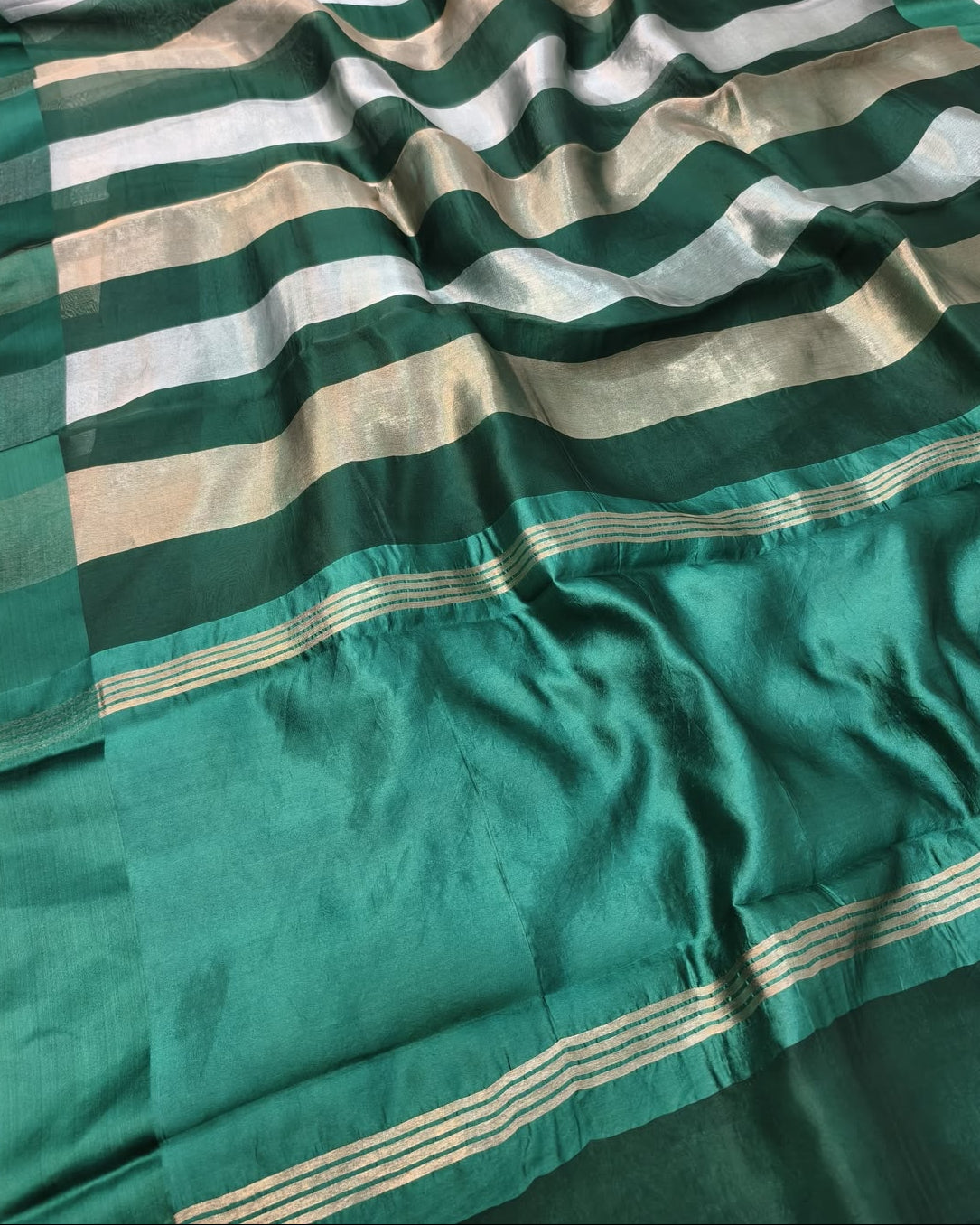 Pure Katan Tissue Silk Saree with Golden Stripe - Teal Blue & Gold fabric detail