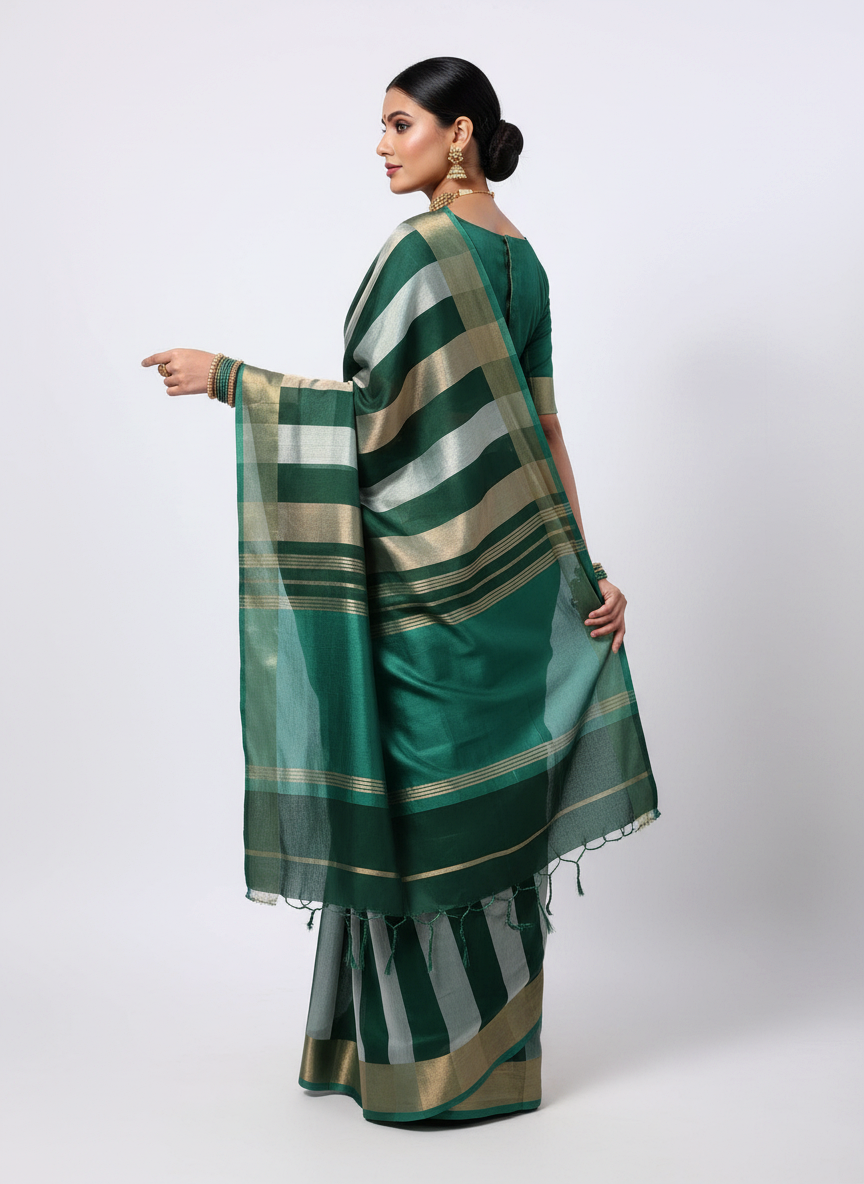 Pure Katan Tissue Silk Saree with Golden Stripe - Teal Blue & Gold pallu view