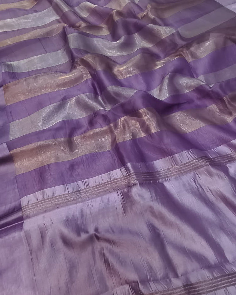Pure Katan Tissue Silk Saree with Golden Stripe - Violet Purple & Gold fabric detail