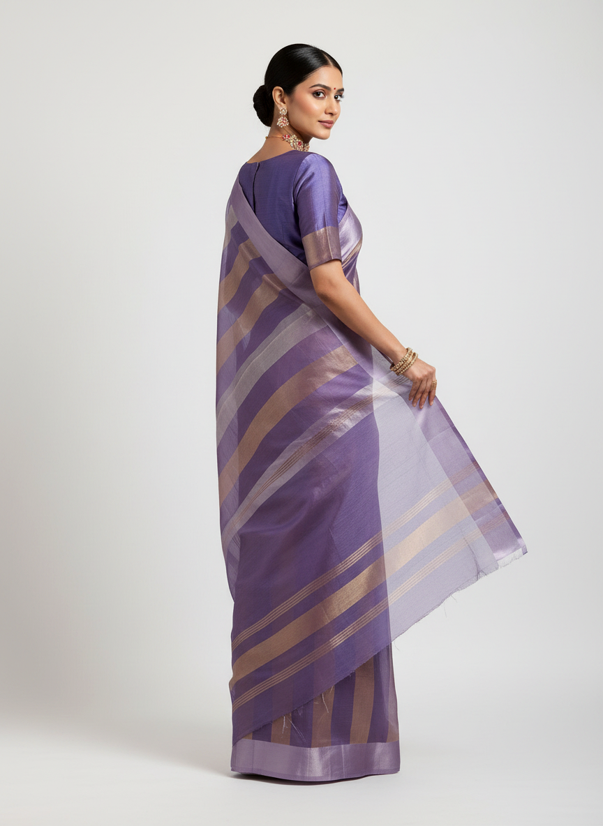Pure Katan Tissue Silk Saree with Golden Stripe - Violet Purple & Gold pallu view