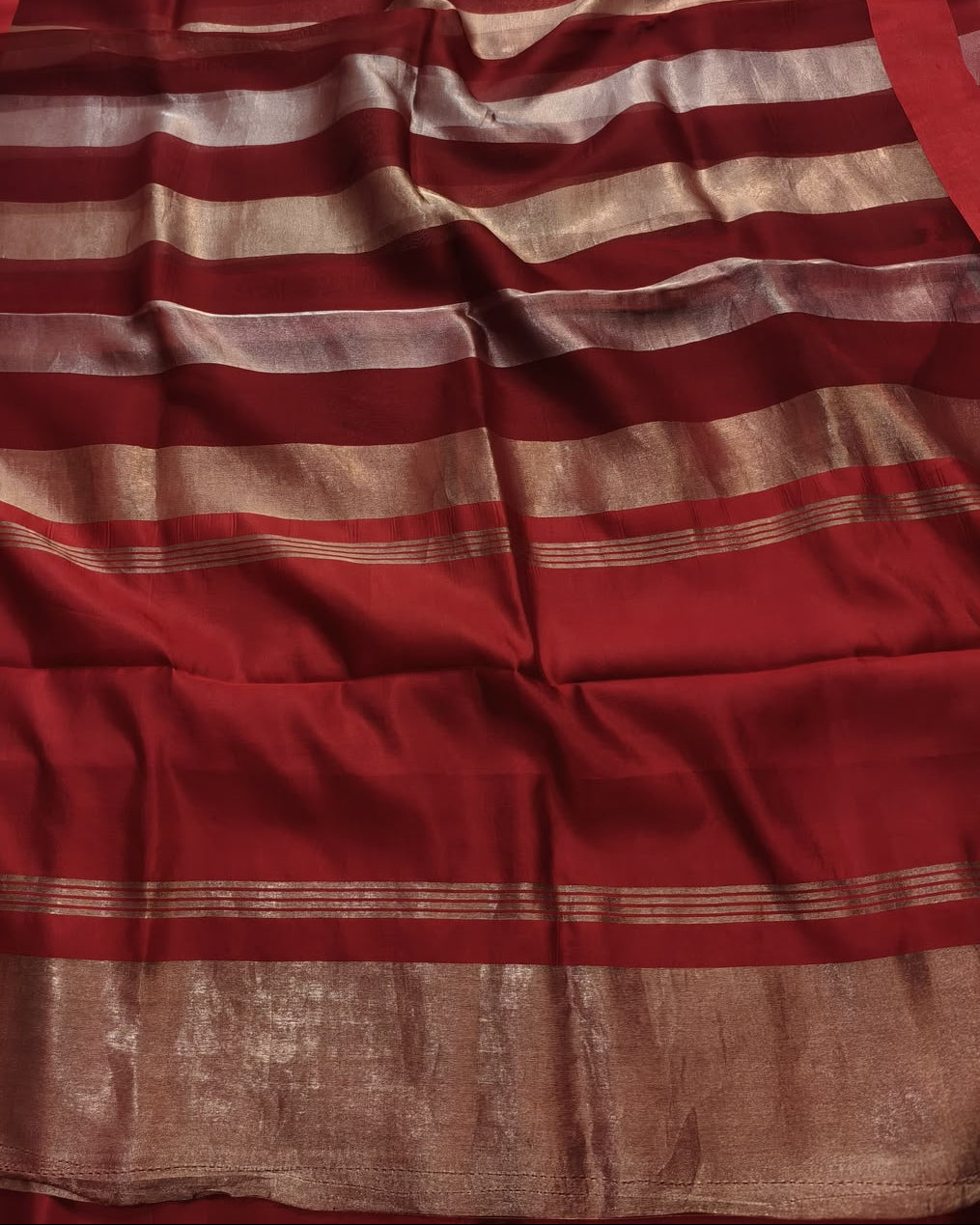 Pure Katan Tissue Silk Saree with Golden Stripe - Wine & Gold fabric detail