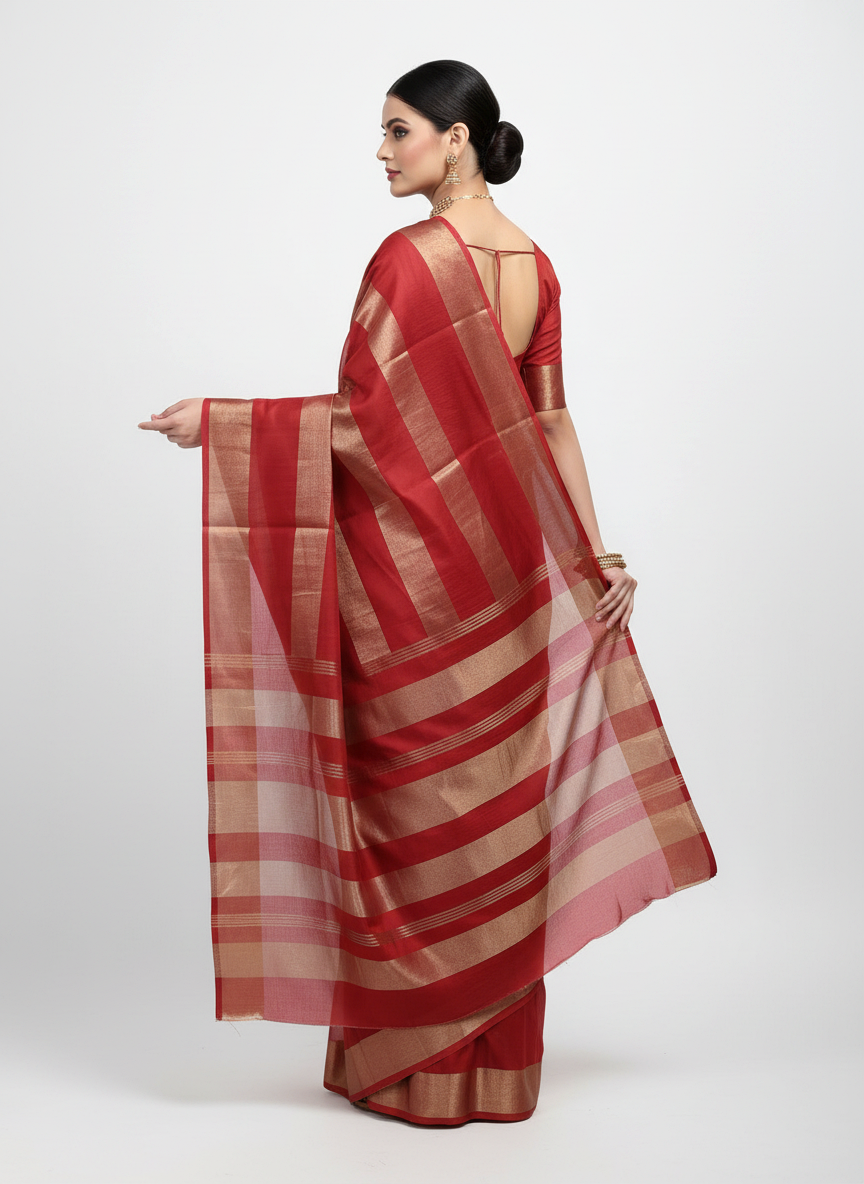Pure Katan Tissue Silk Saree with Golden Stripe - Wine & Gold pallu view