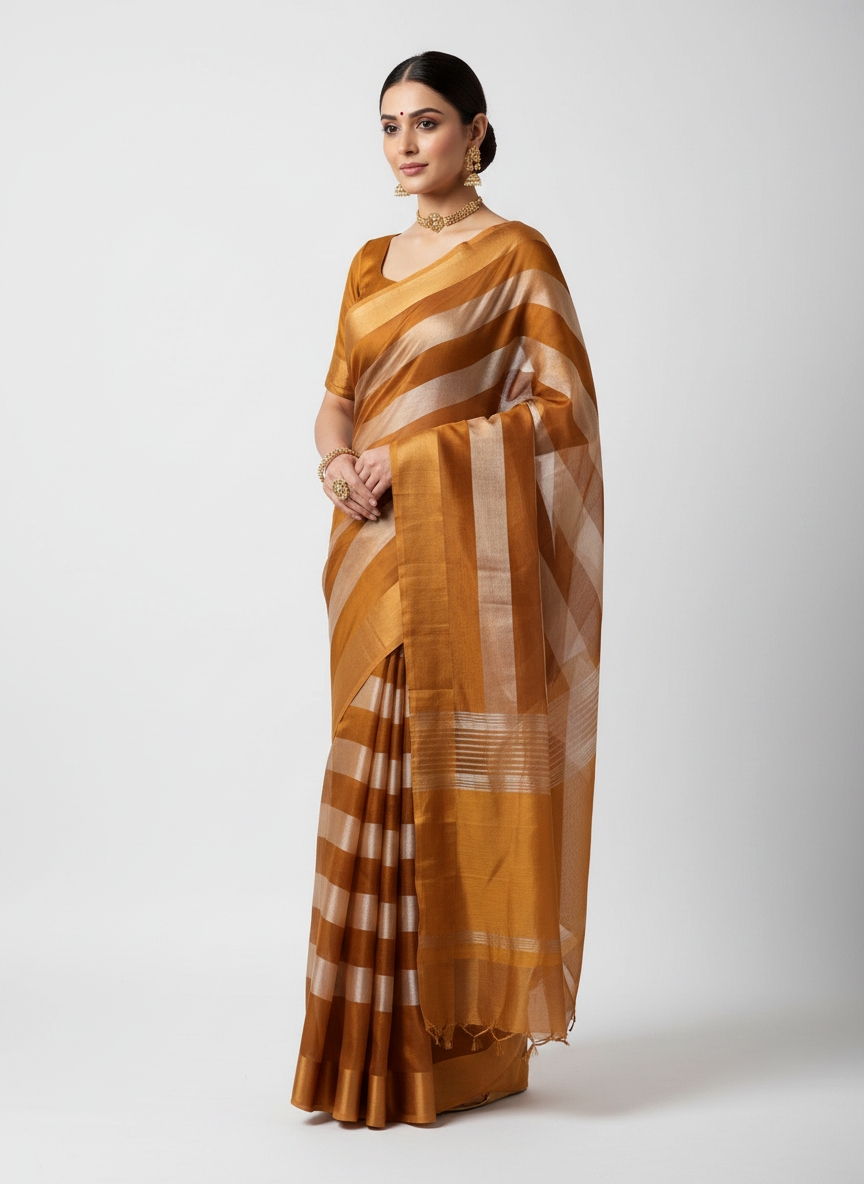 Pure Katan Tissue Silk Saree with Golden Stripe - Brick Red & Gold front view