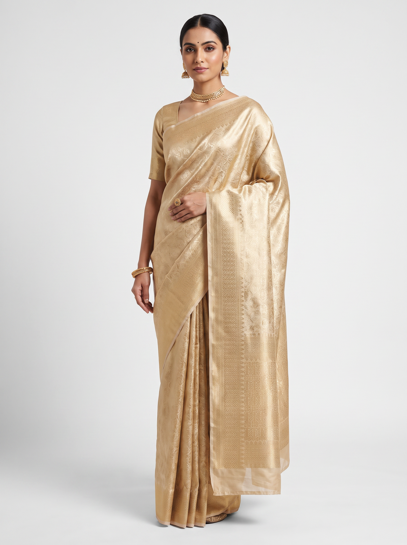 Off White + Beige pure tissue silk brocade saree with woven zari