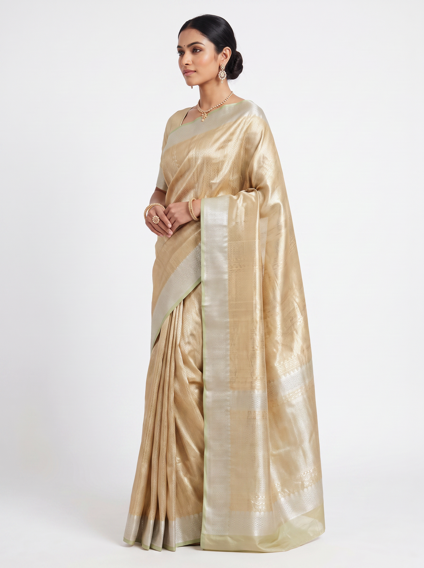 Pure Tissue Silk Saree | Silver Grey + Beige + Grey Brocade Woven Zari | Contrast Zari Border | Pahiza Sarees image 2