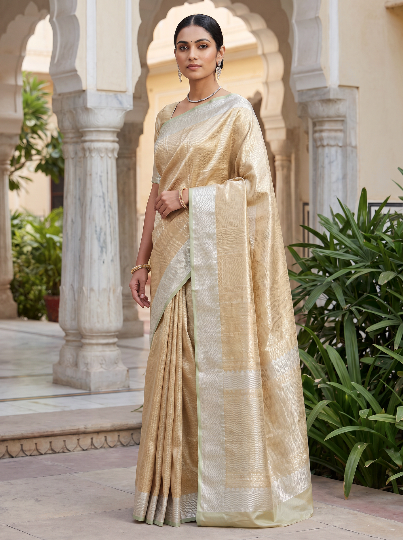 Pure Tissue Silk Saree | Silver Grey + Beige + Grey Brocade Woven Zari | Contrast Zari Border | Pahiza Sarees image 4