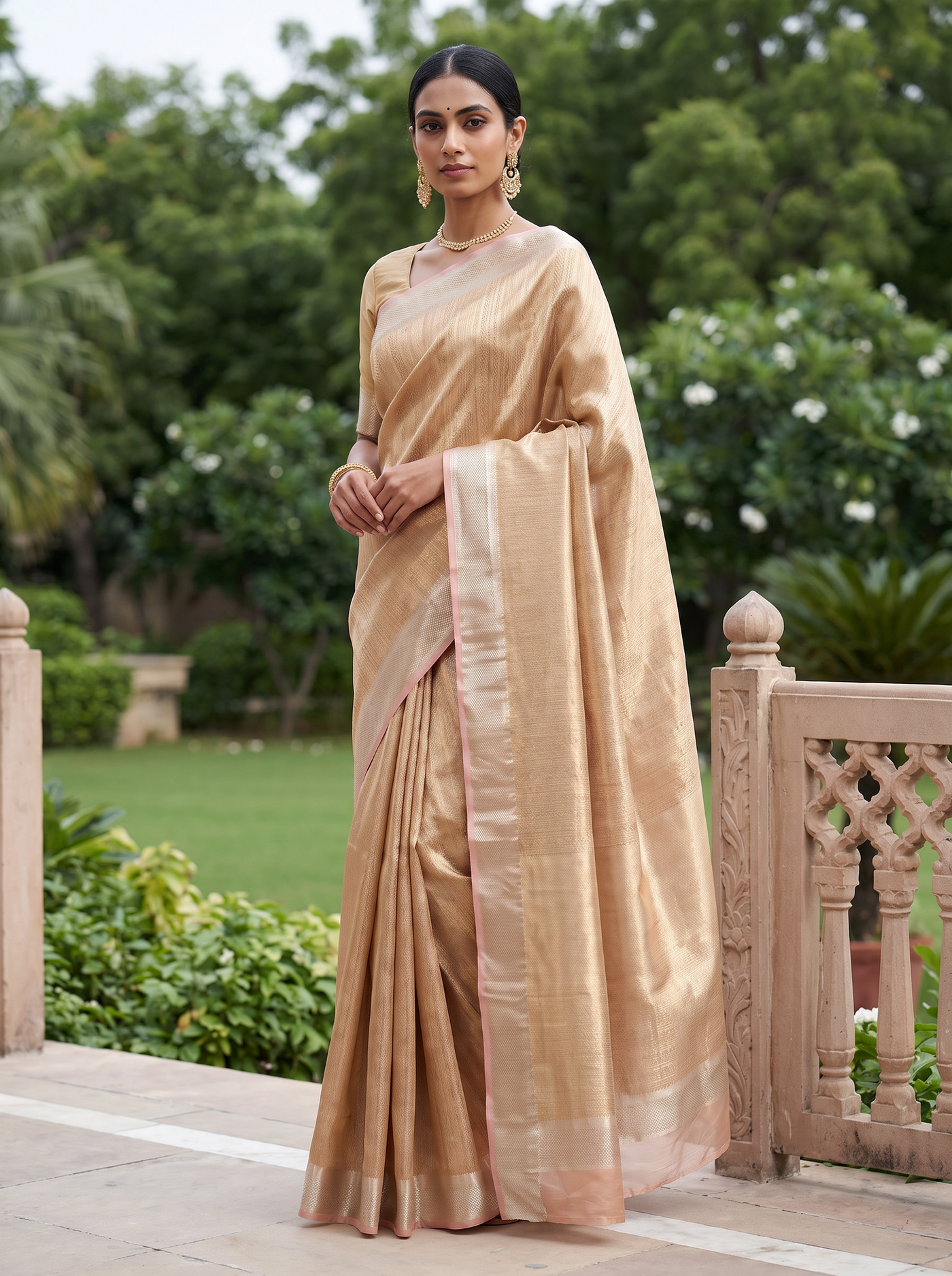 Pure Tissue Silk Saree | Brick Red + Peach Brocade Woven Zari | Contrast Zari Border | Pahiza Sarees image 4