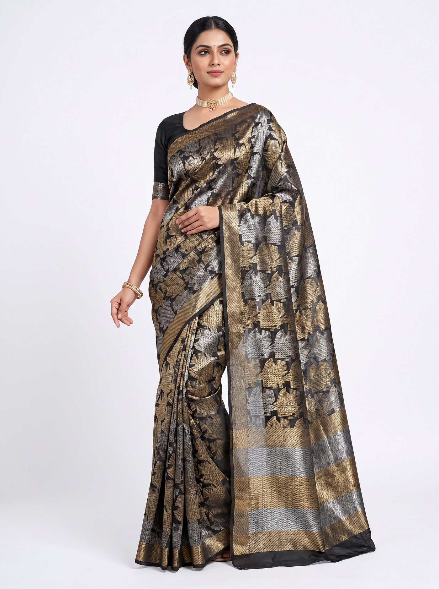 Burnt Orange + Grey pure tissue silk brocade saree with woven zari