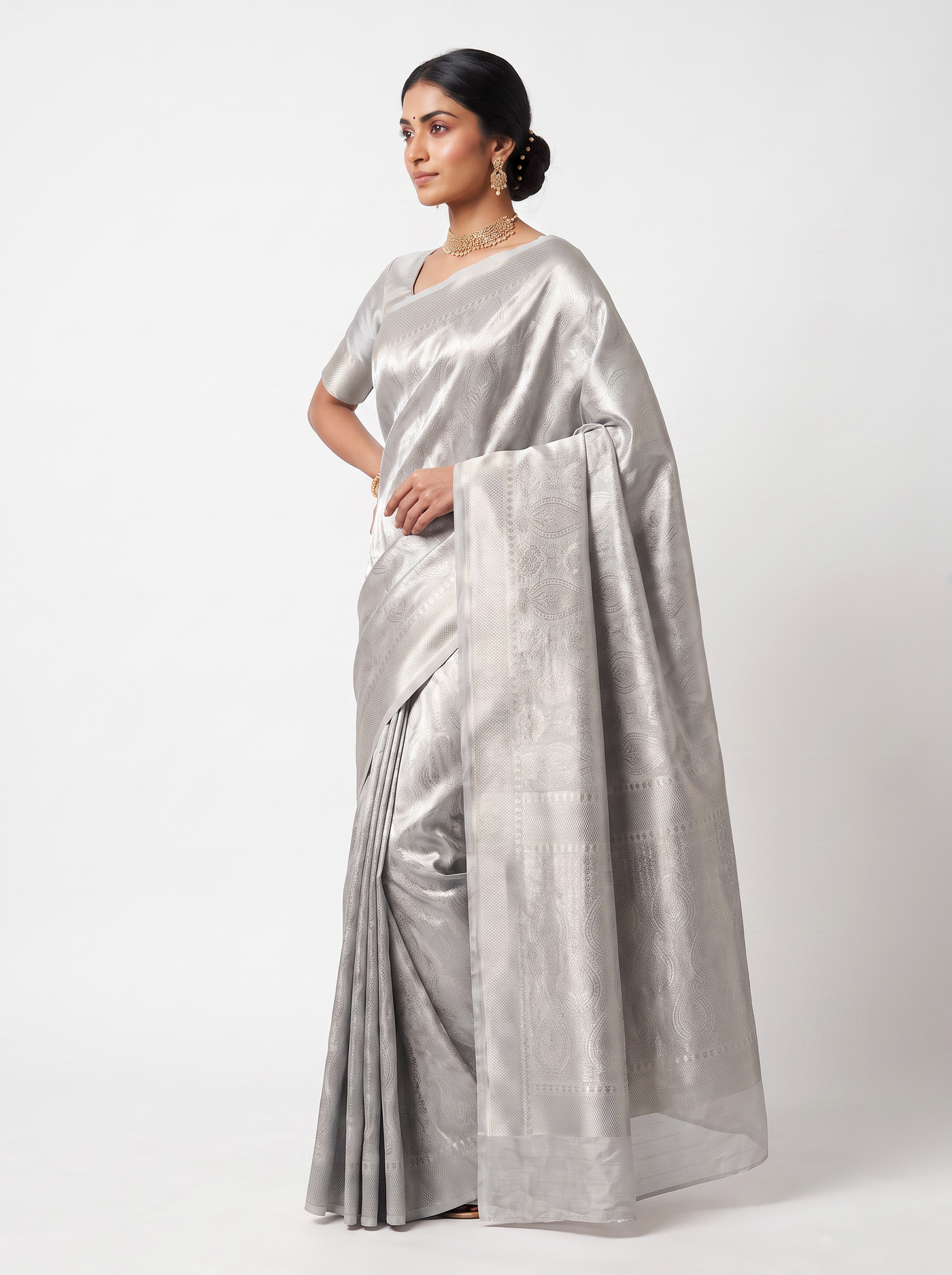 Pure Tissue Silk Saree | Silver Grey + Grey Brocade Woven Zari | Contrast Zari Border | Pahiza Sarees | Design 21 image 2