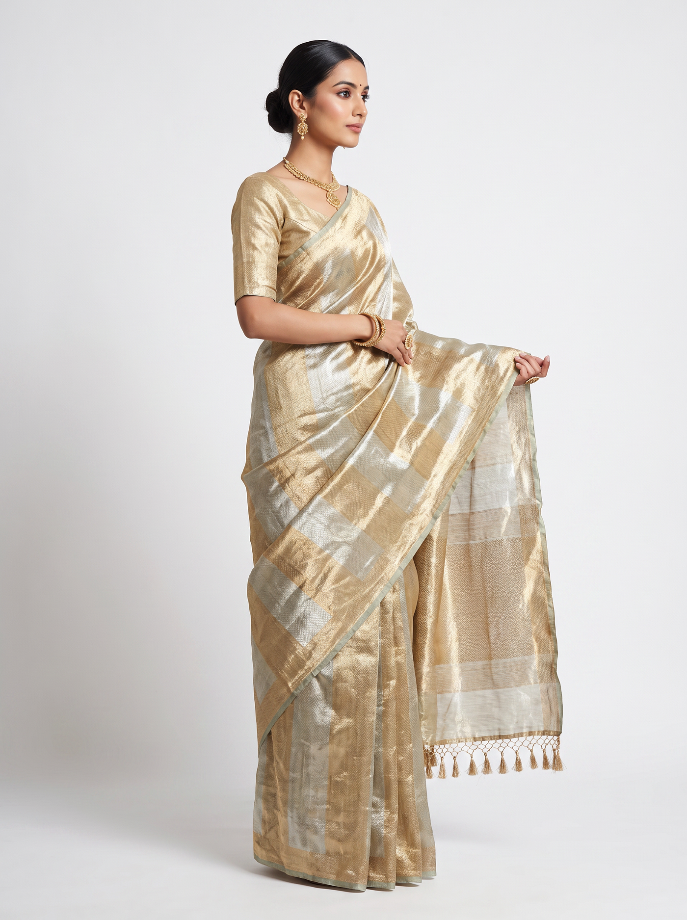 Pure Tissue Silk Saree | Grey + Honey Yellow Brocade Woven Zari | Self Design Zari Border | Pahiza Sarees image 2