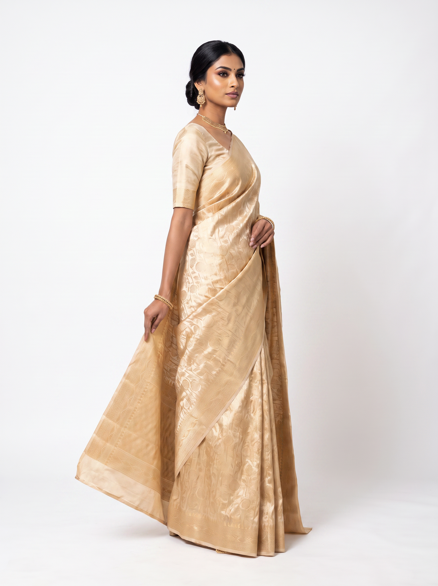 Pure Tissue Silk Saree | Beige + Peach Brocade Woven Zari | Contrast Zari Border | Pahiza Sarees | Design 20 image 2