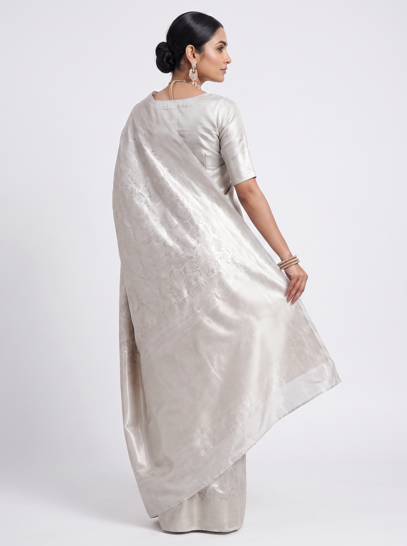 Pure Tissue Silk Saree | Silver Grey + Grey + Peach Brocade Woven Zari | Contrast Zari Border | Pahiza Sarees image 3
