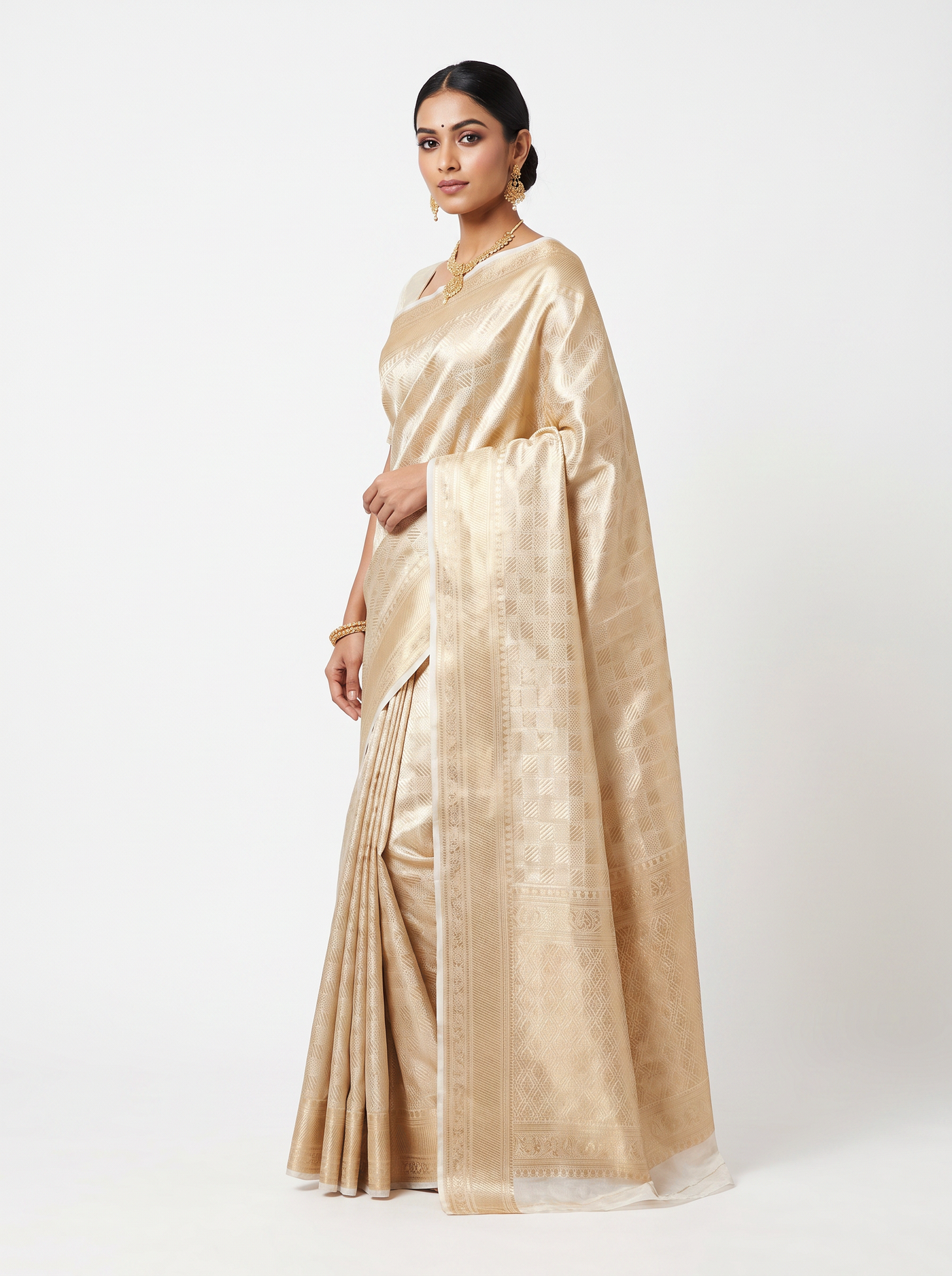 Peach pure tissue silk brocade saree with woven zari