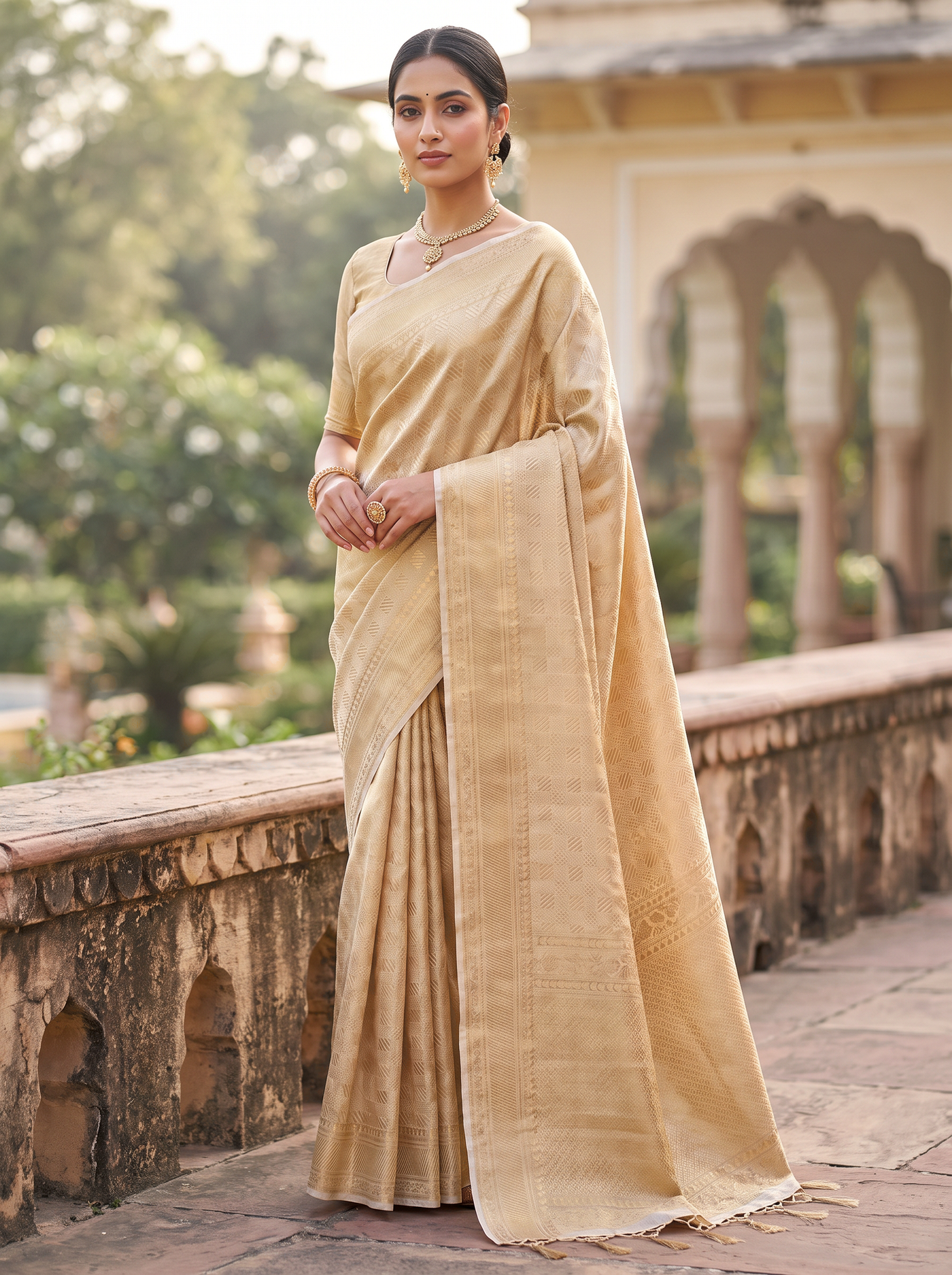 Pure Tissue Silk Saree | Peach Brocade Woven Zari | Contrast Zari Border | Pahiza Sarees image 4