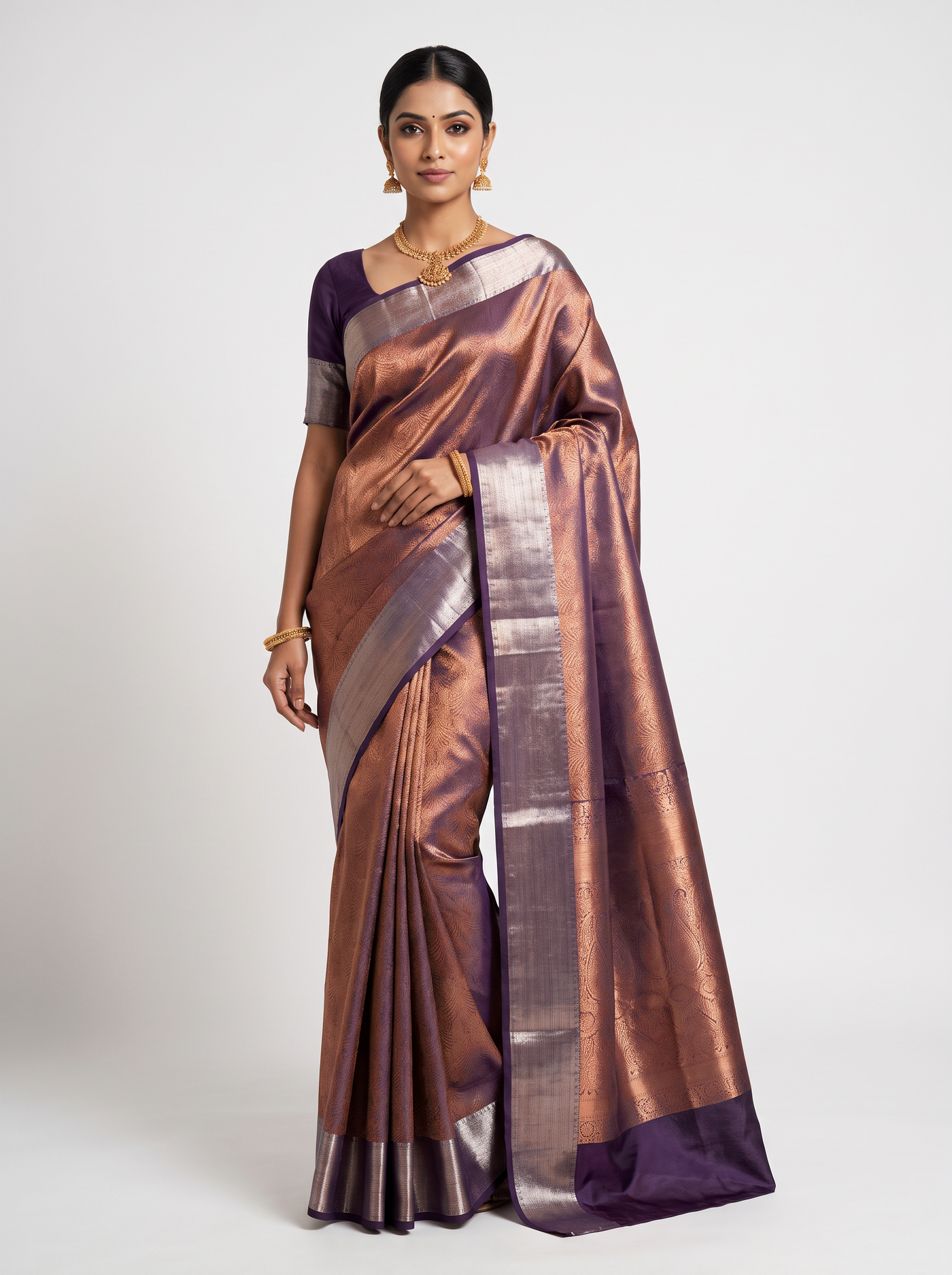 Teal Blue + Plum pure tissue silk brocade saree with woven zari
