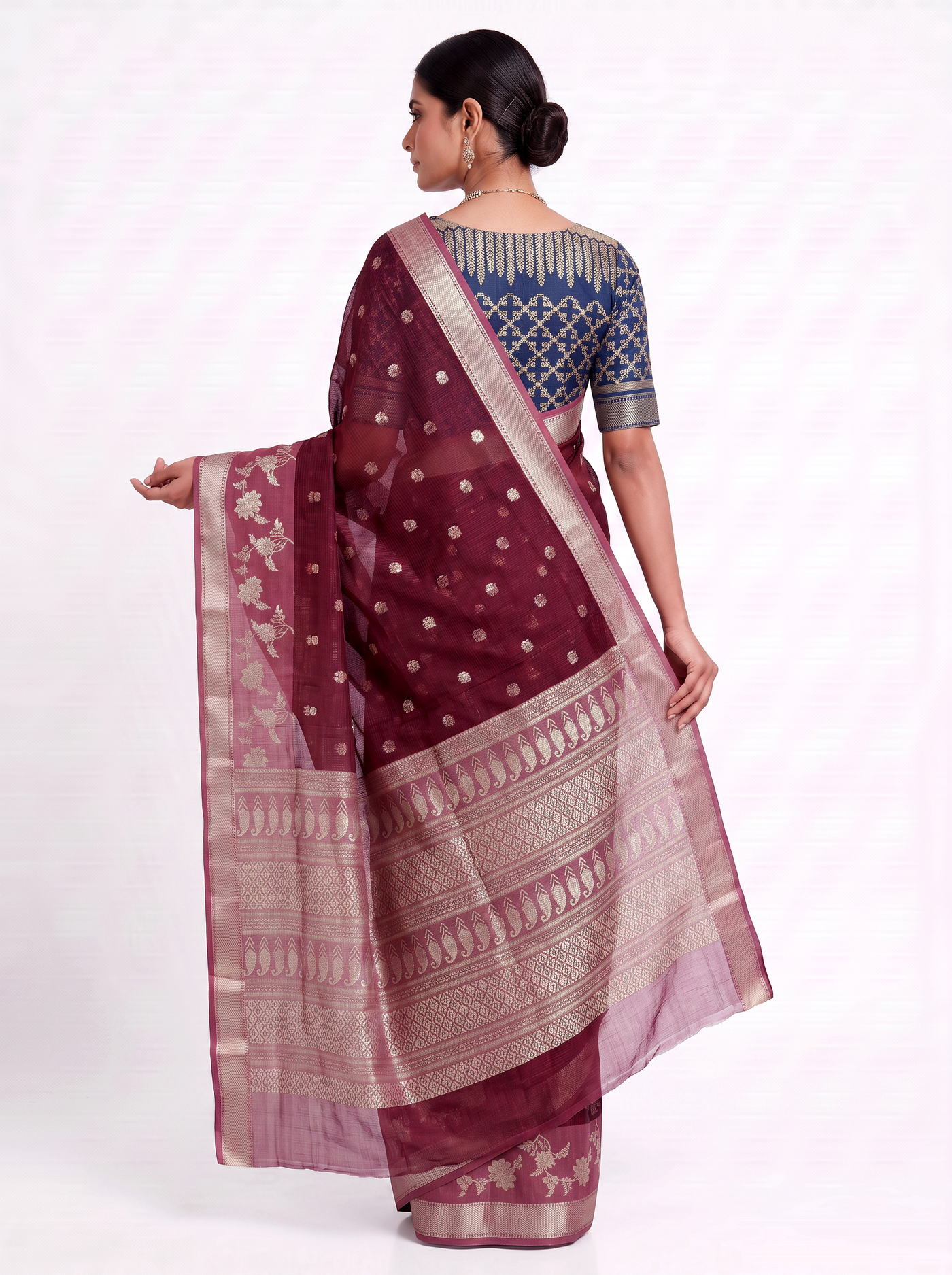 Pure Kota Doria Saree with Meena Work and Golden Zari Pallu - Deep Red with Dark Blue Blouse view 3