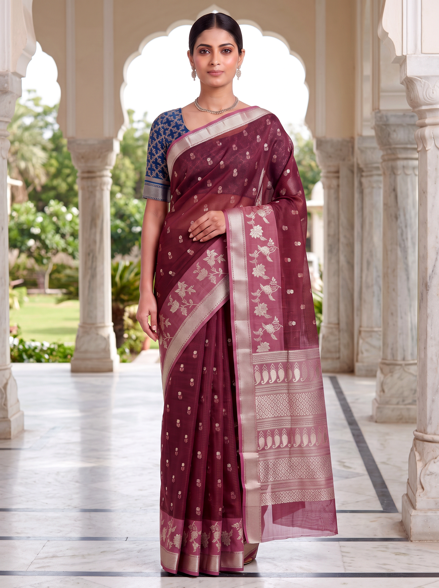 Pure Kota Doria Saree with Meena Work and Golden Zari Pallu - Deep Red with Dark Blue Blouse view 4
