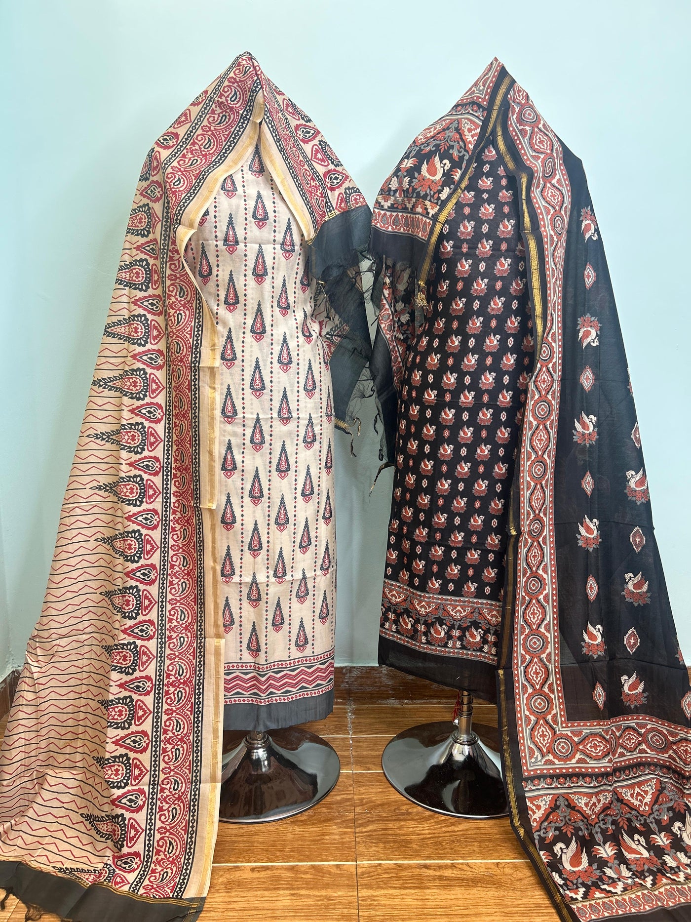 Charcoal Grey + Deep Red + Burnt Orange + Grey Maheshwari silk suit material unstitched 3 piece set