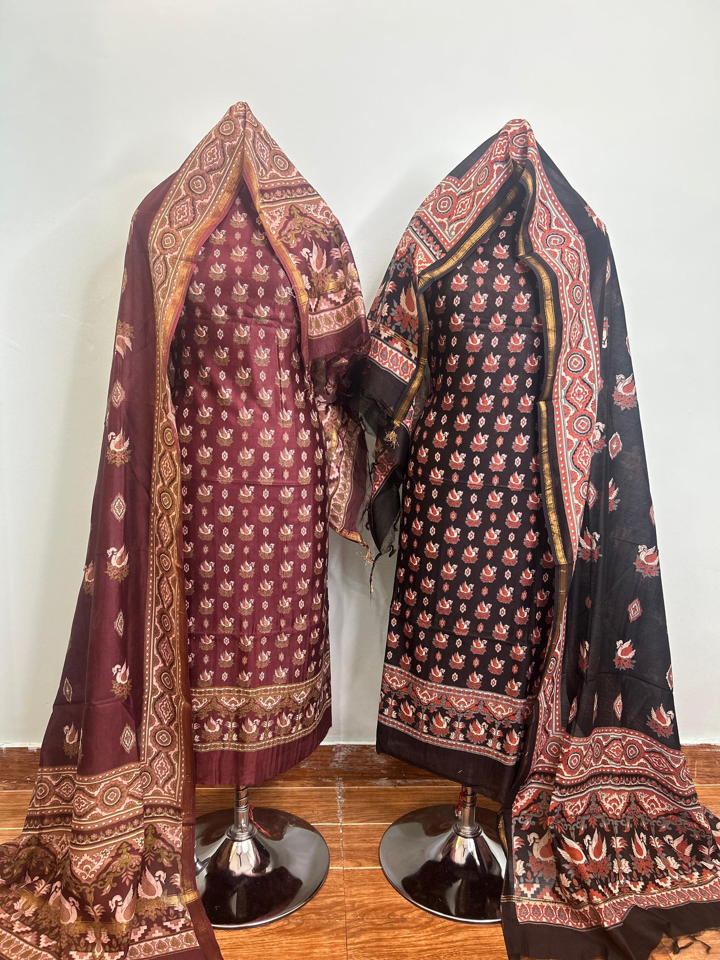 Charcoal Grey + Deep Red + Grey Maheshwari silk suit material unstitched 3 piece set