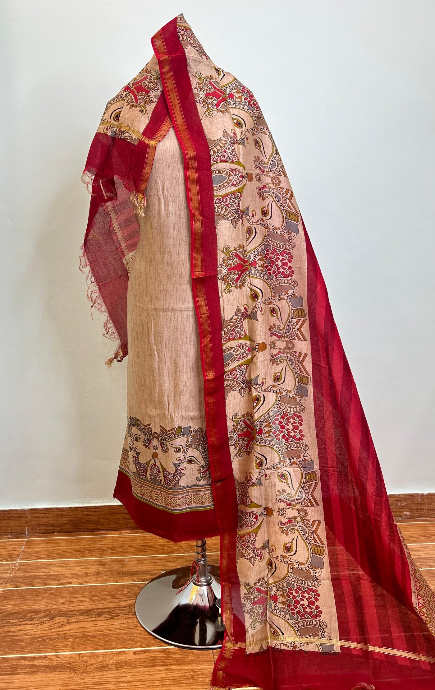 Off White + Deep Red Maheshwari silk suit material unstitched 3 piece set