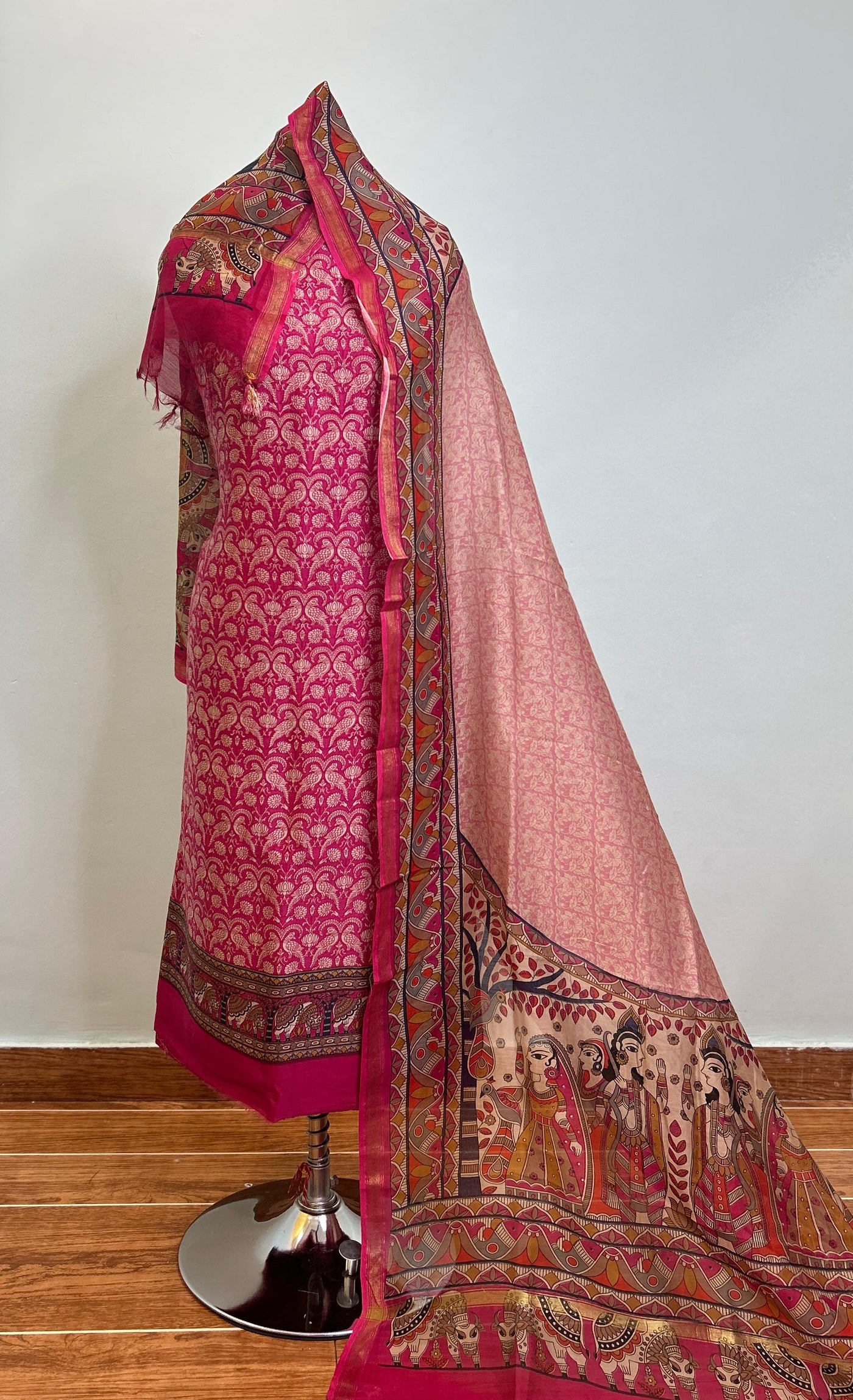 Off White + Deep Red + Rani Pink Maheshwari silk suit material unstitched 3 piece set