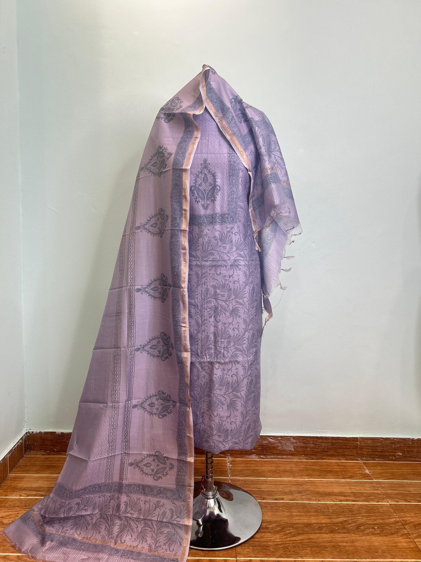 Off White + Dusty Pink + Violet Maheshwari silk suit material unstitched 3 piece set