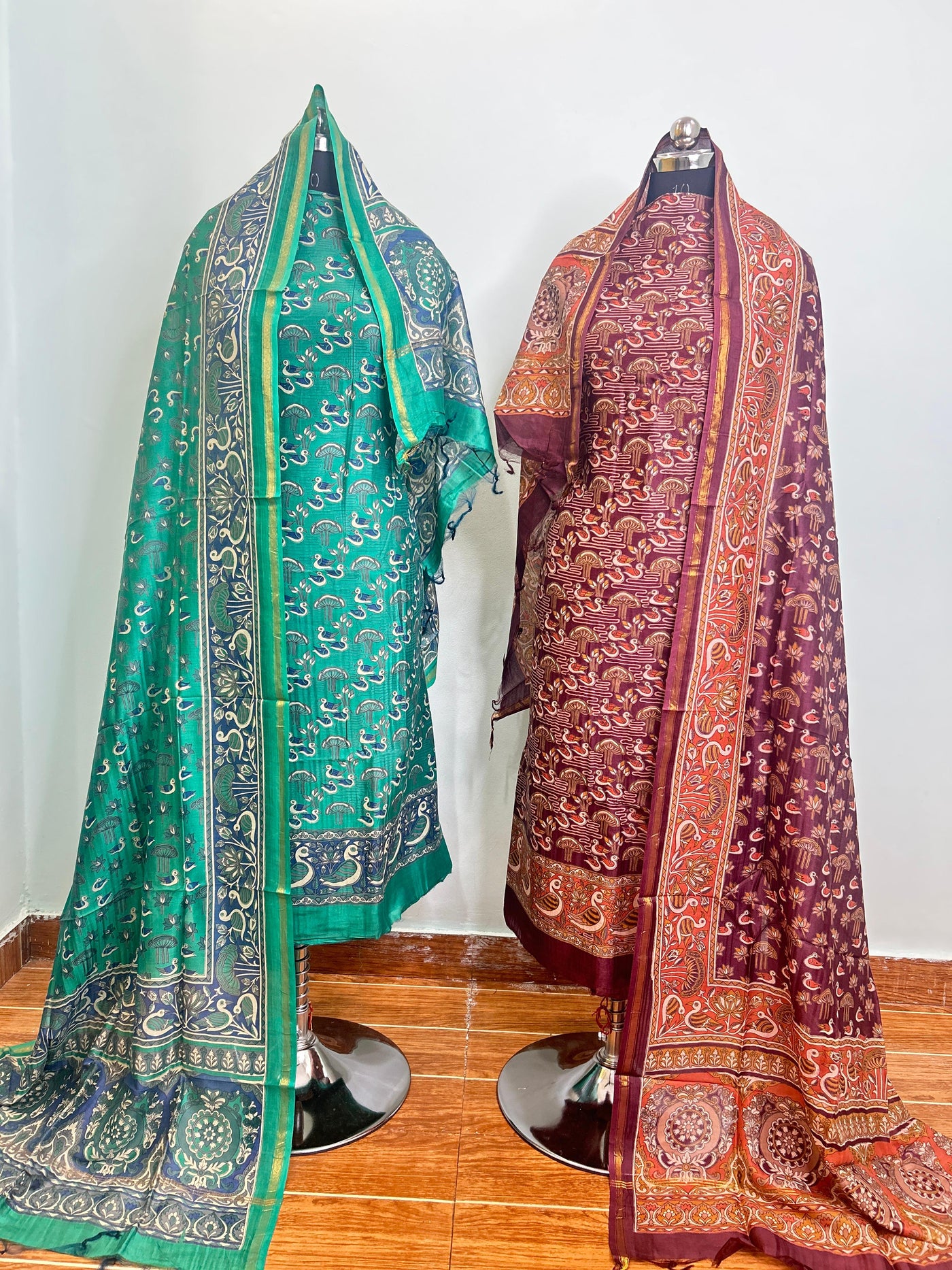 Deep Red + Teal Blue Maheshwari silk suit material unstitched 3 piece set
