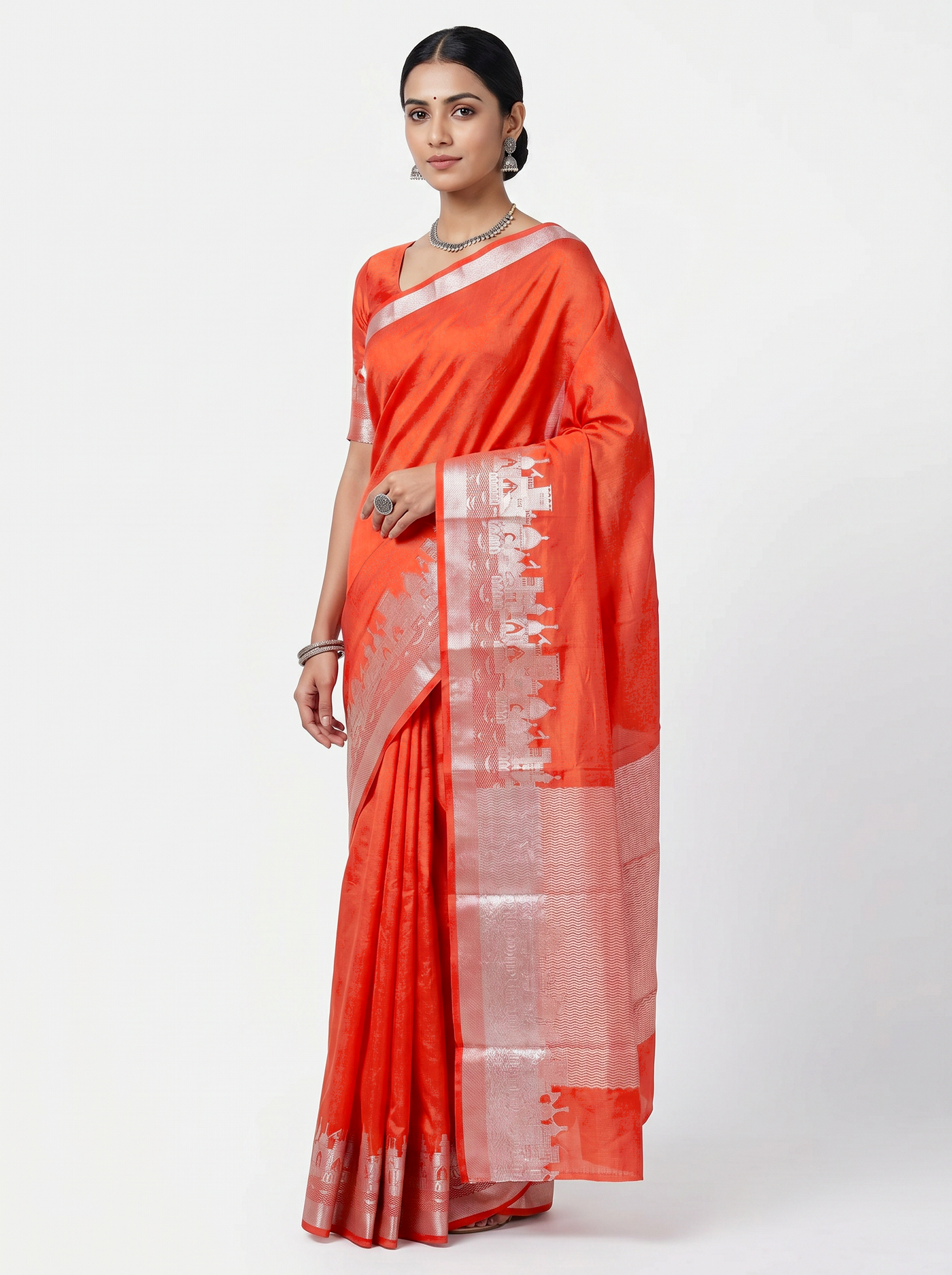 Multi Color + Crimson Meenakshi silk saree with festive border