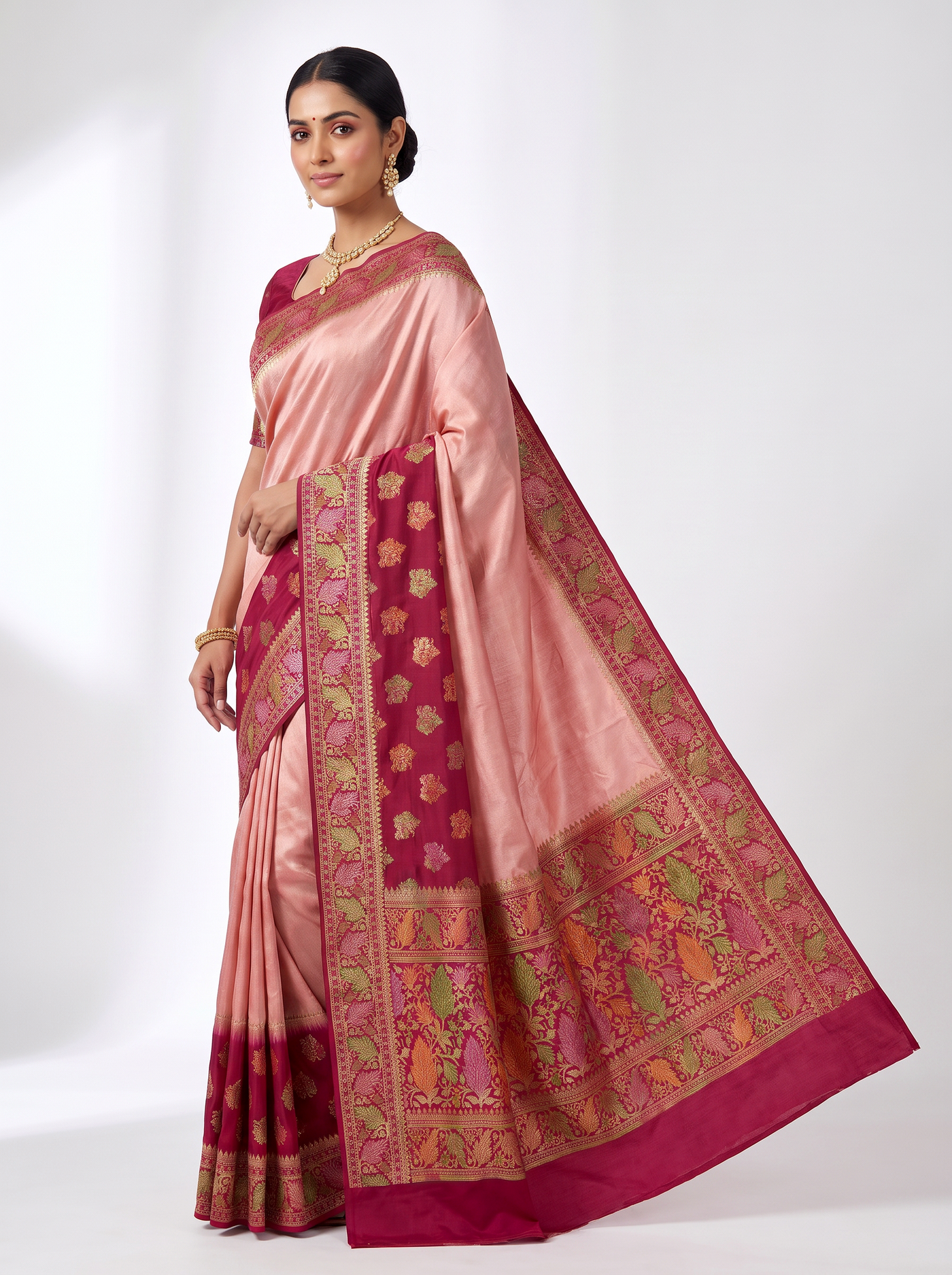 Meenakshi Silk Saree | Deep Red + Rose Pink + Beige Festive Silk | Coordinated Border | Reshmi Sarees image 2