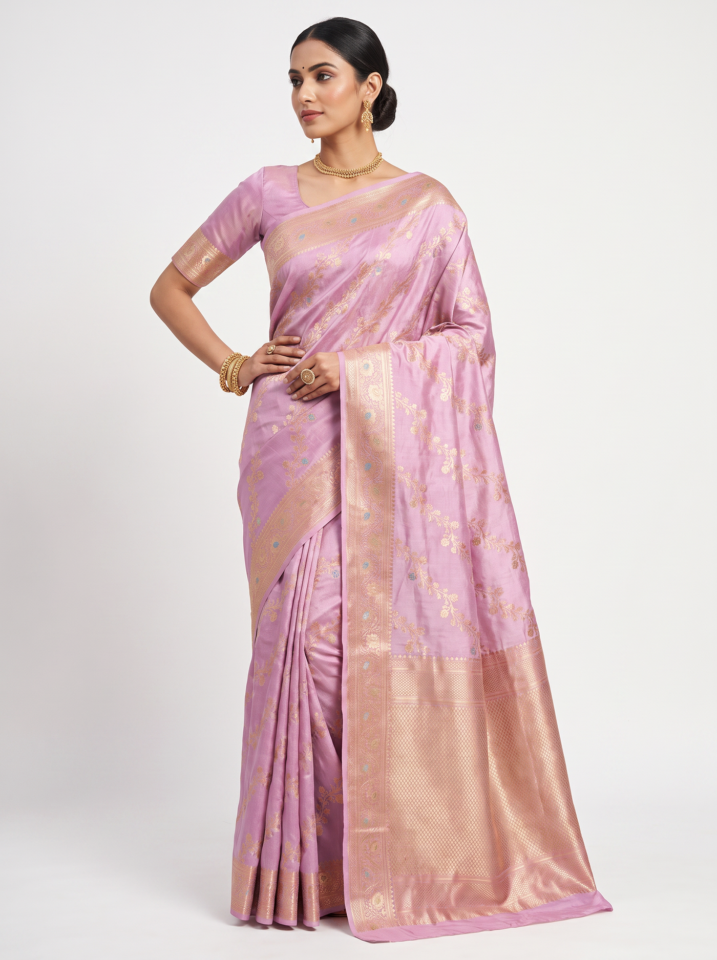 Meenakshi Silk Saree | Dusty Pink + Beige Festive Silk | Coordinated Border | Reshmi Sarees image 2