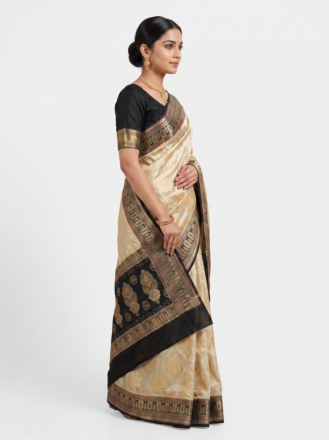 Meenakshi Silk Saree | Charcoal Grey + Off White + Beige + Grey Festive Silk | Contrast Border | Reshmi Sarees image 2