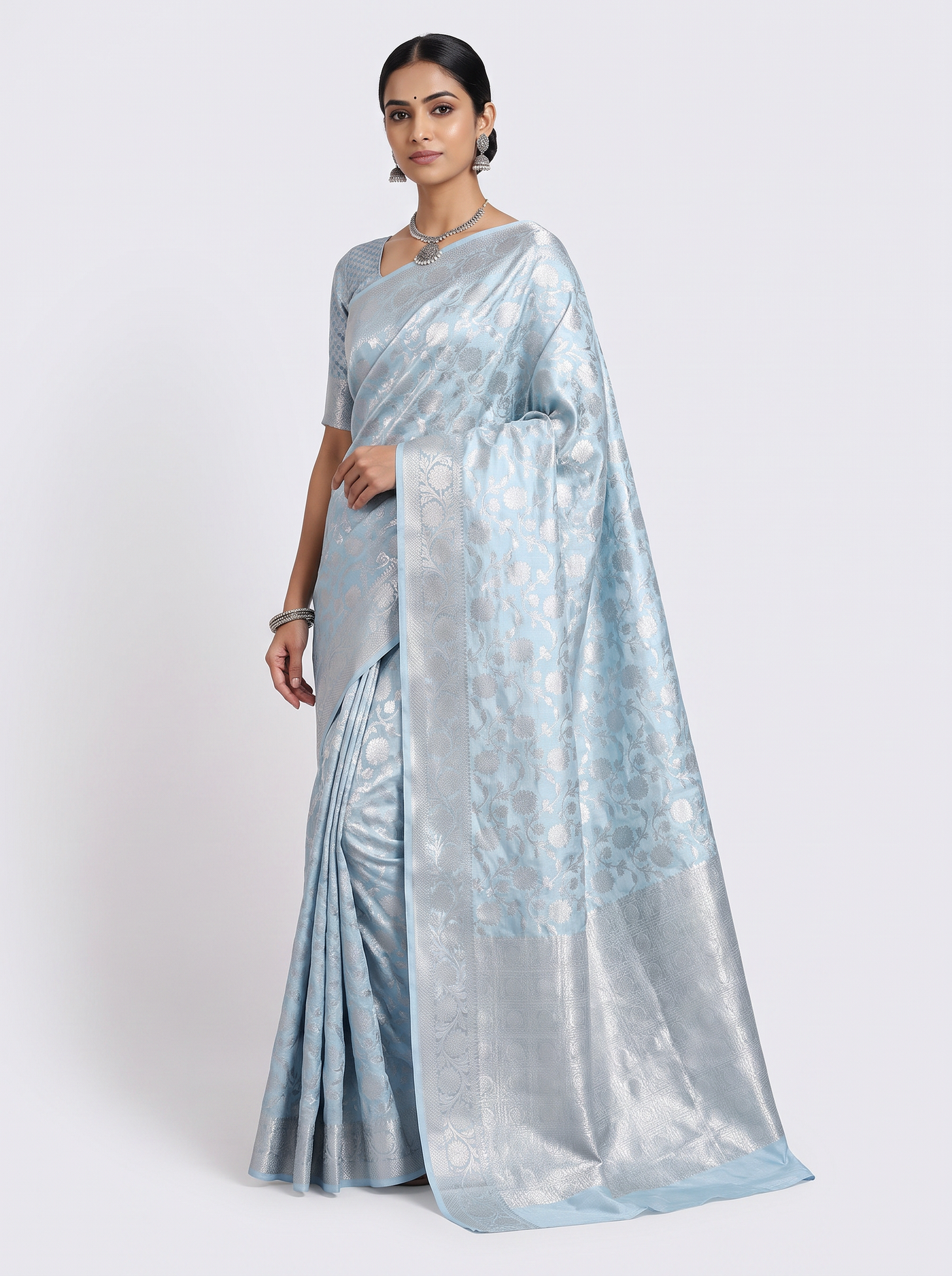 Off White + Silver Grey + Grey Meenakshi silk saree with festive border