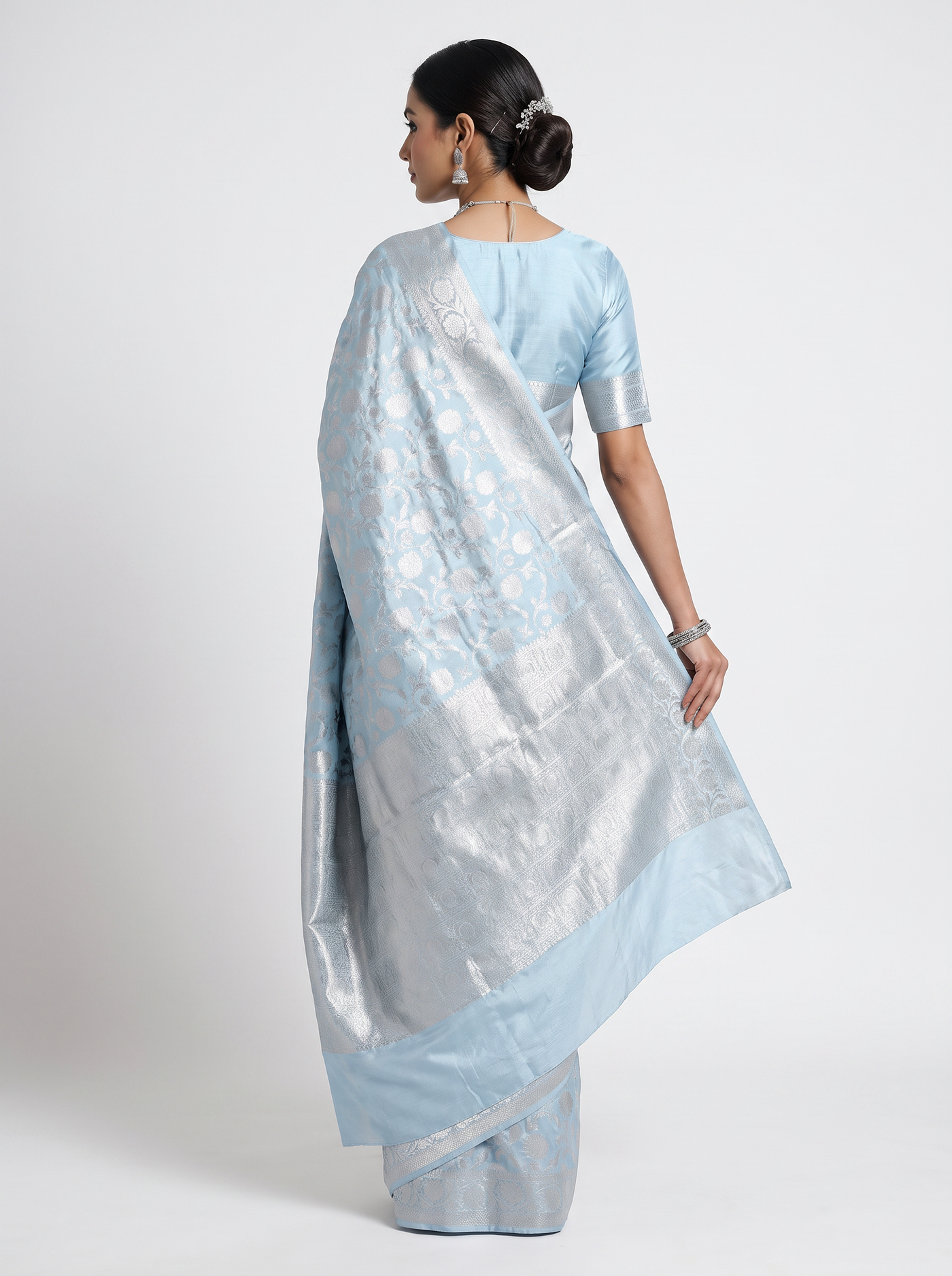 Meenakshi Silk Saree | Off White + Silver Grey + Grey Festive Silk | Contrast Border | Reshmi Sarees image 3
