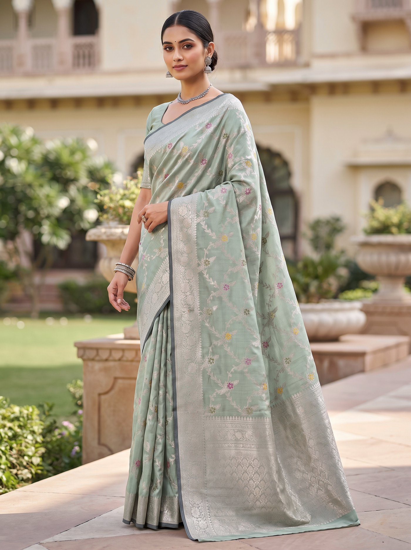 Meenakshi Silk Saree | Grey + Peach Festive Silk | Contrast Border | Reshmi Sarees image 4