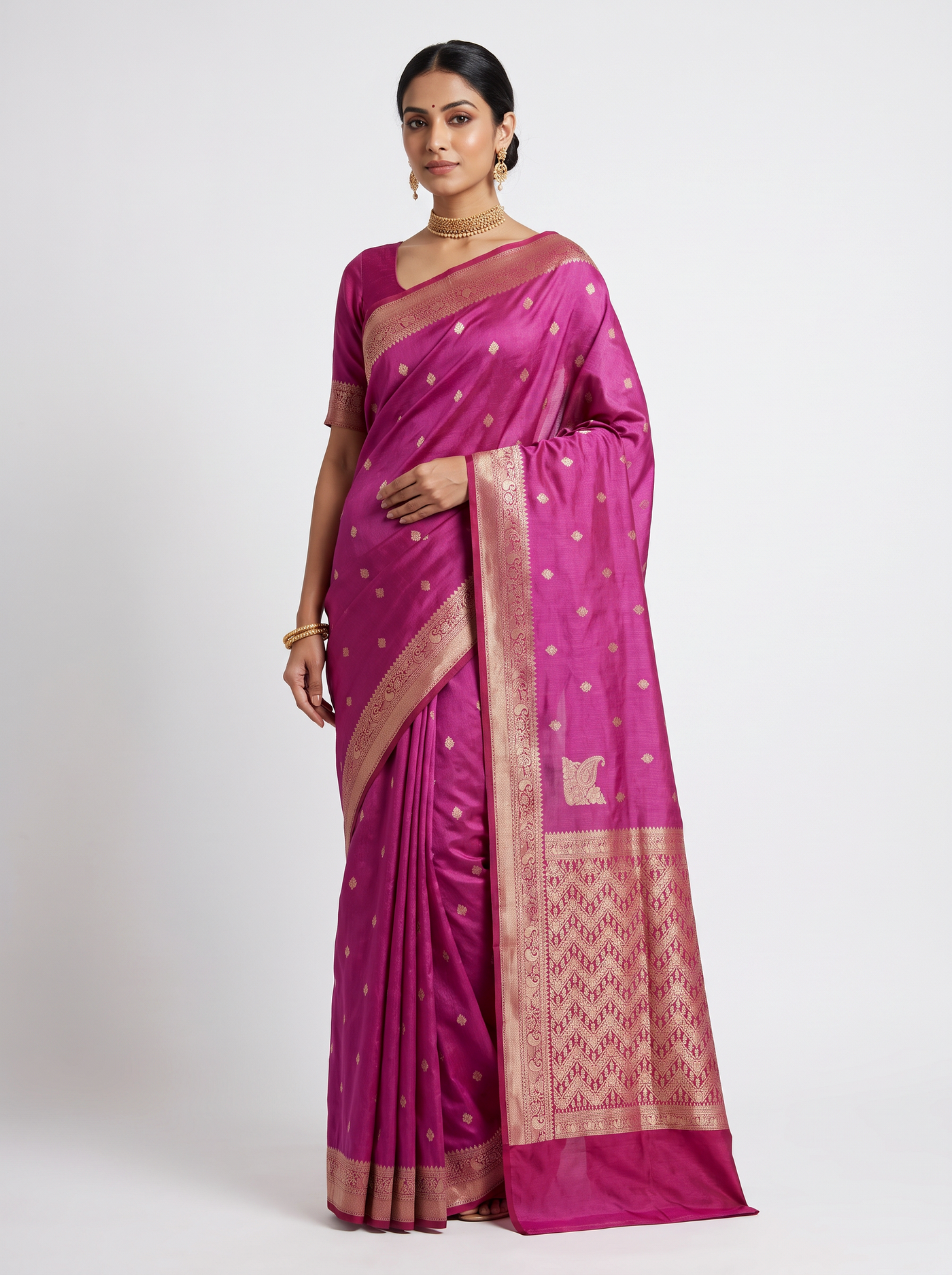 Deep Red + Rani Pink Meenakshi silk saree with festive border
