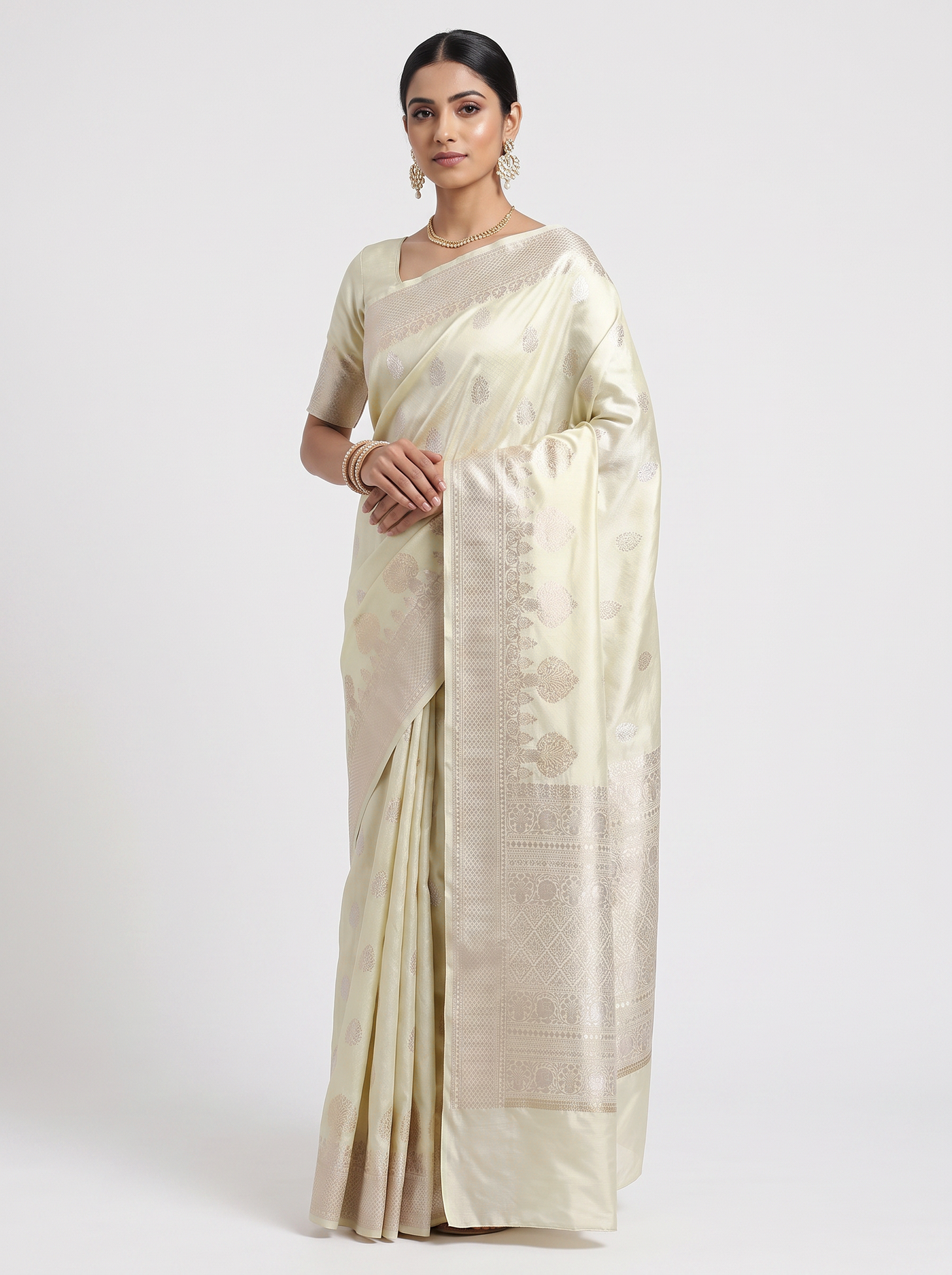 Off White + Silver Grey + Grey Meenakshi silk saree with festive border