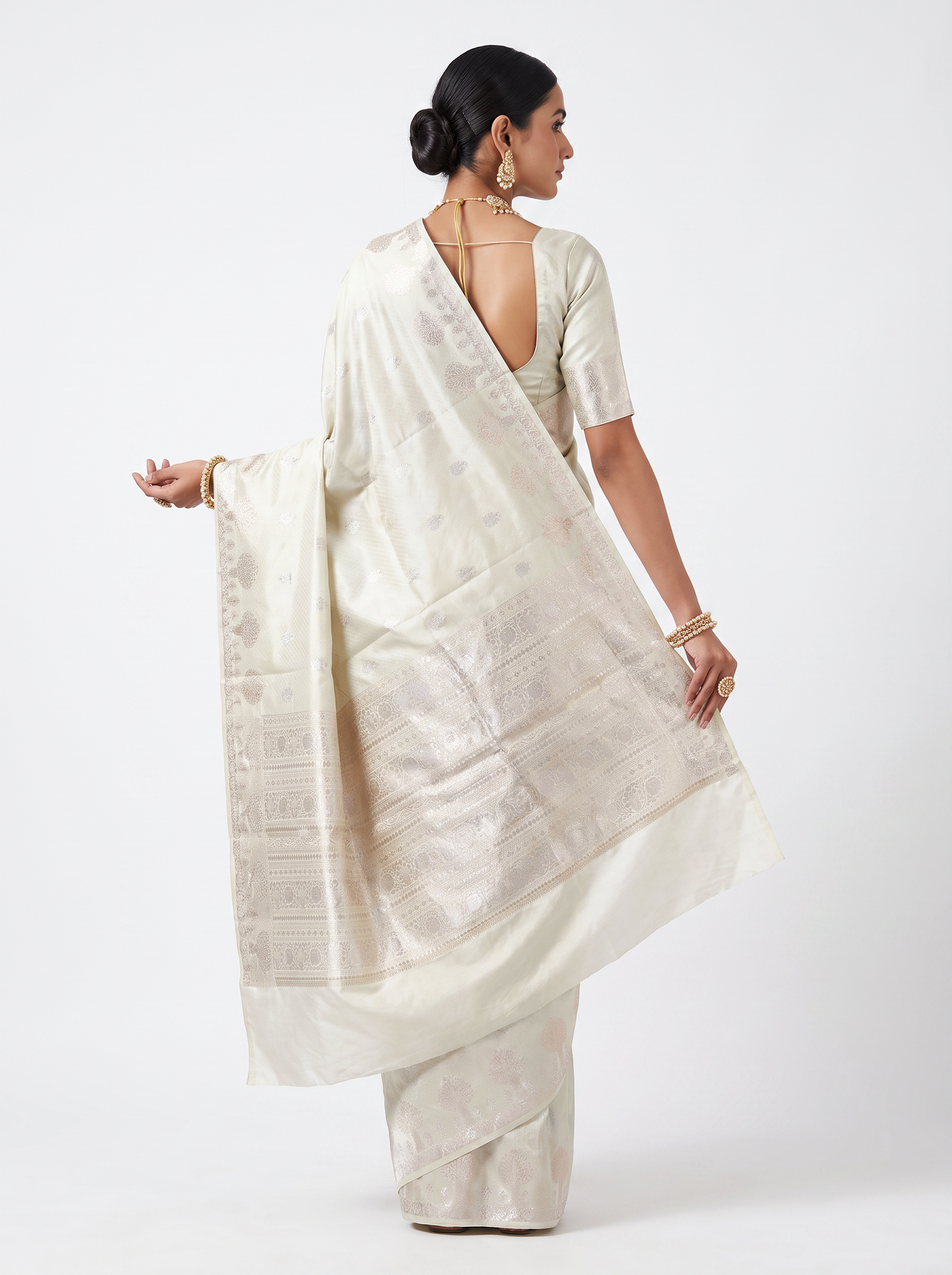 Meenakshi Silk Saree | Off White + Silver Grey + Grey Festive Silk | Contrast Border | Reshmi Sarees | Design 2 image 3