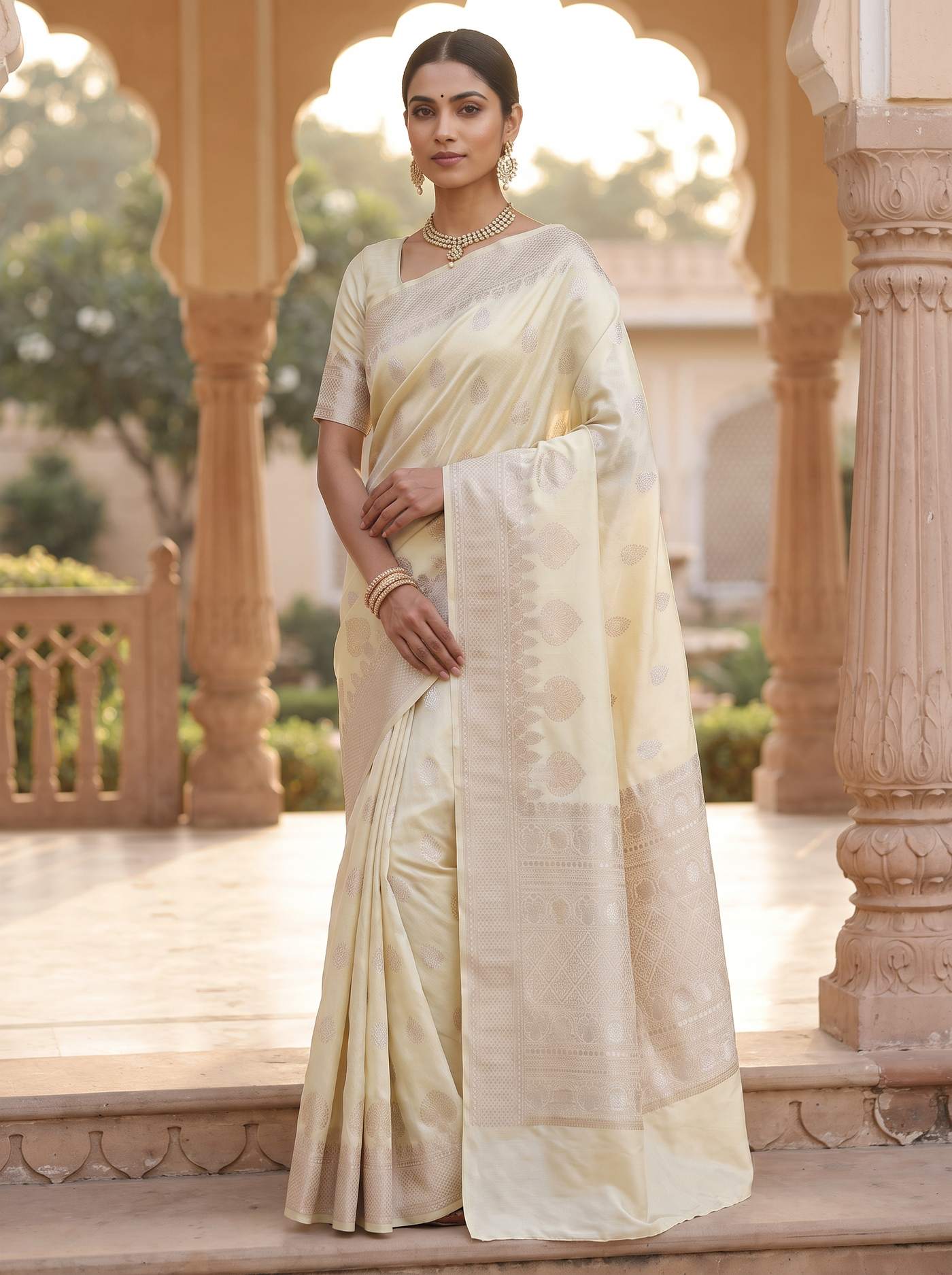 Meenakshi Silk Saree | Off White + Silver Grey + Grey Festive Silk | Contrast Border | Reshmi Sarees | Design 2 image 4